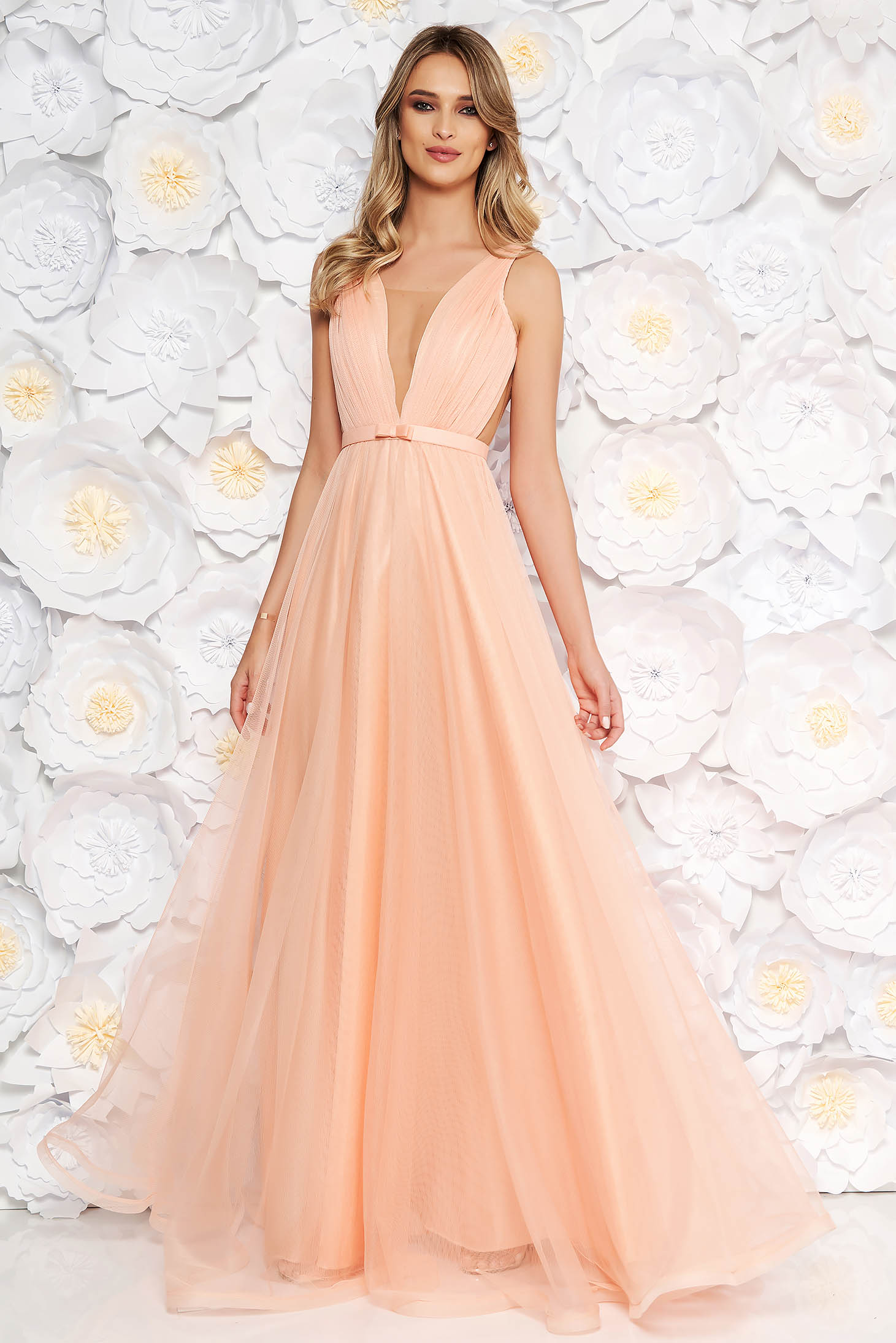 Ana Radu Occasional Net Peach Dress With V Neckline