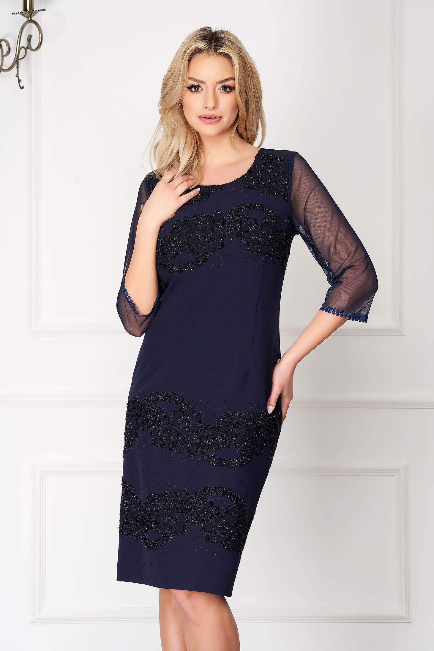 Starshiners Darkblue Occasional Midi Pencil Dress With Veil Sleeves