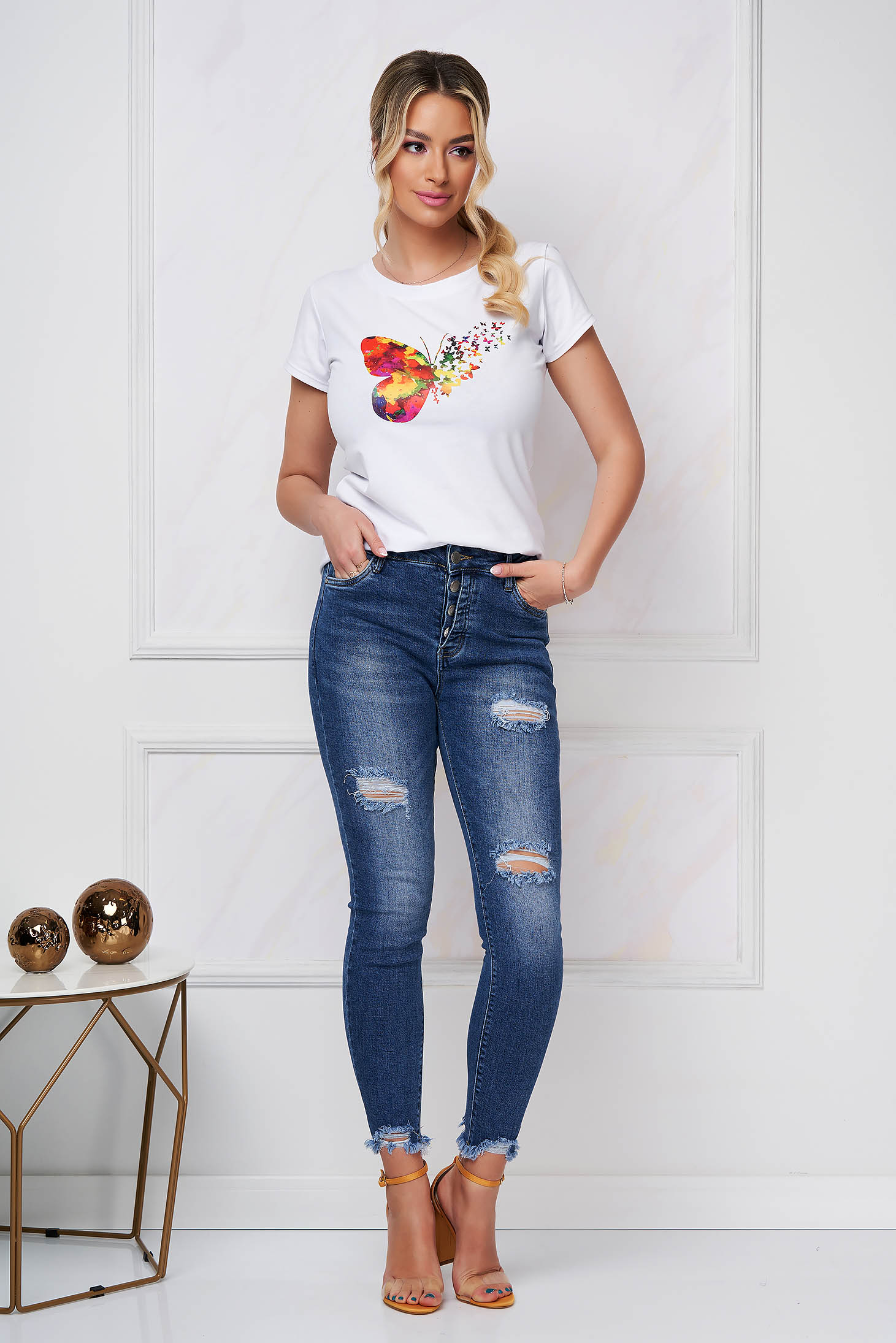 Blugi din denim albastri skinny cu talie inalta si mici rupturi de material - SunShine