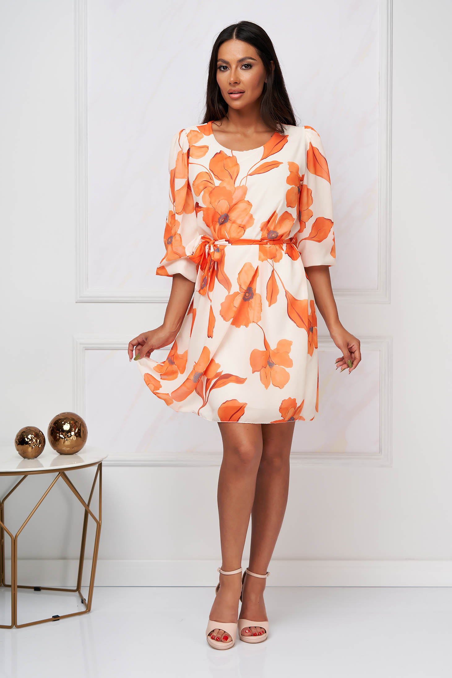 Dress short cut loose fit from veil fabric with floral print
