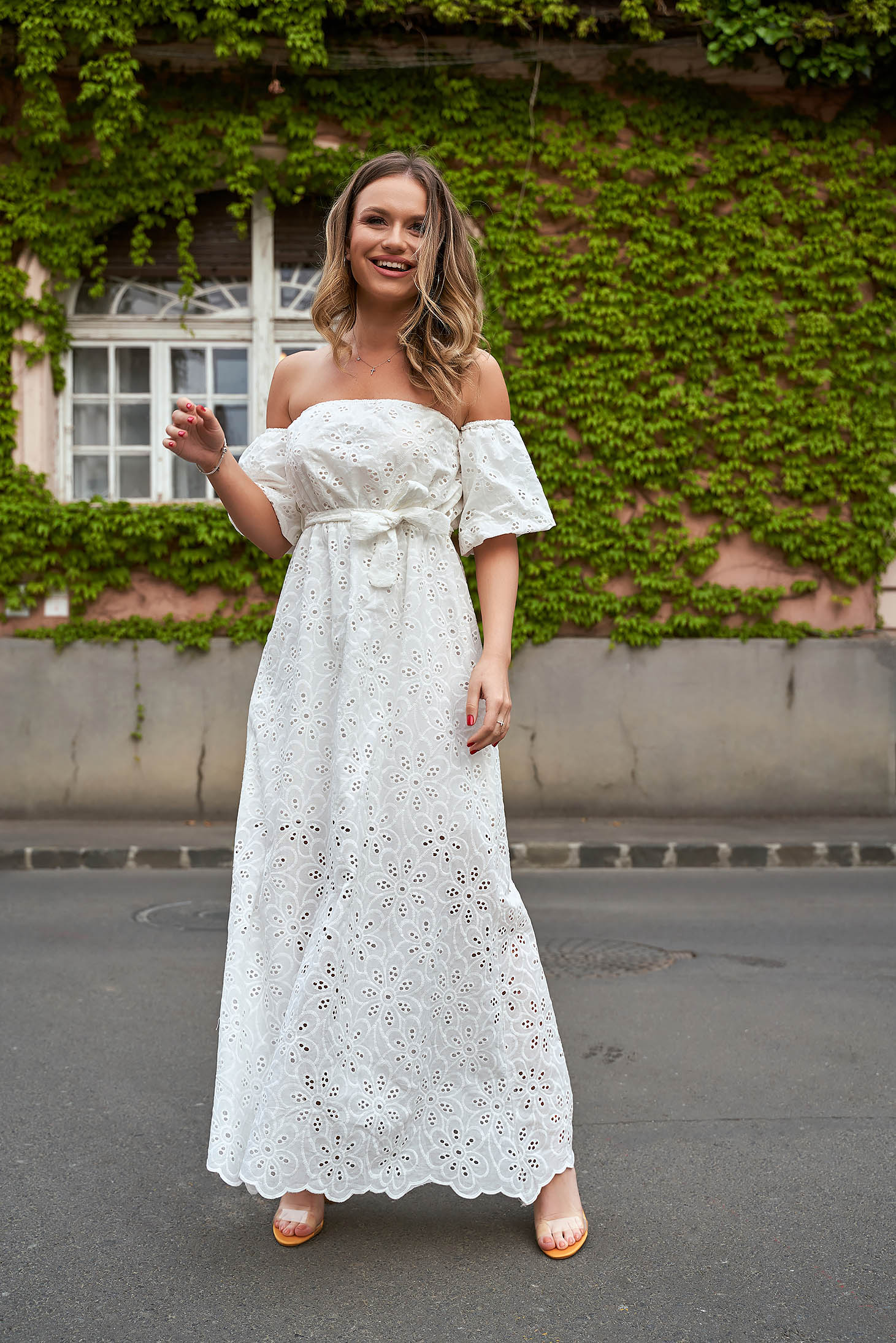 Lace White Midi Dress with Elastic Waist and Bare Shoulders - SunShine 1 - StarShinerS.com