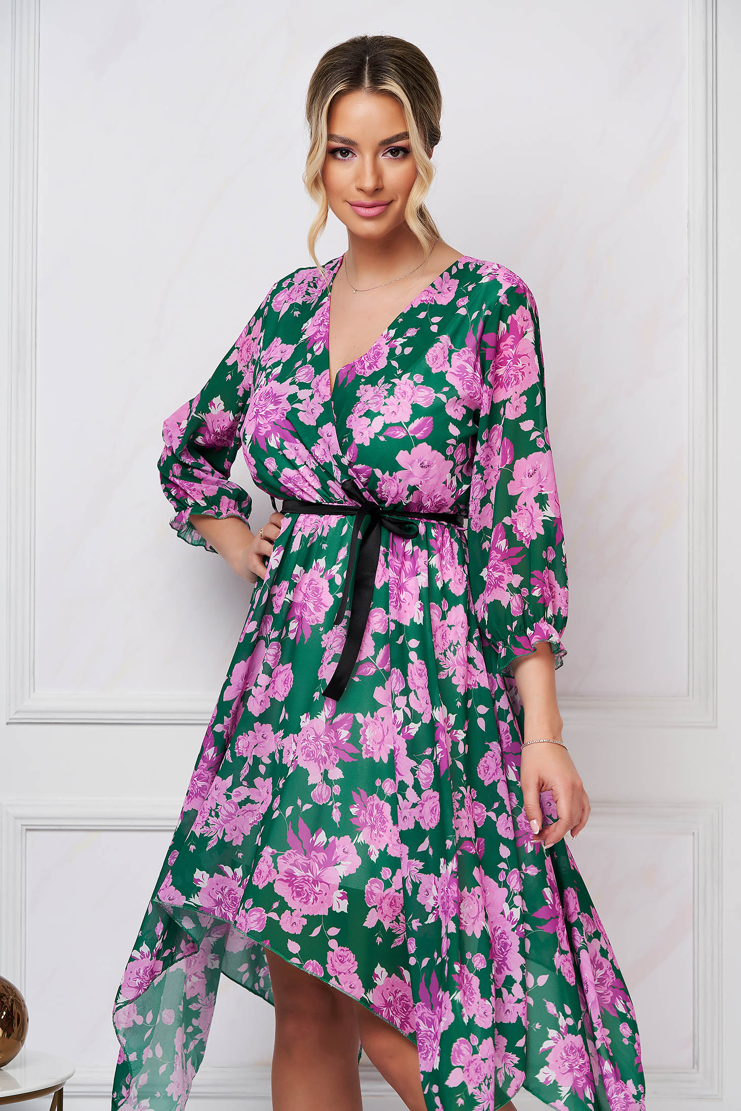 Rochie din voal asimetrica in clos cu elastic in talie si imprimeu floral - SunShine