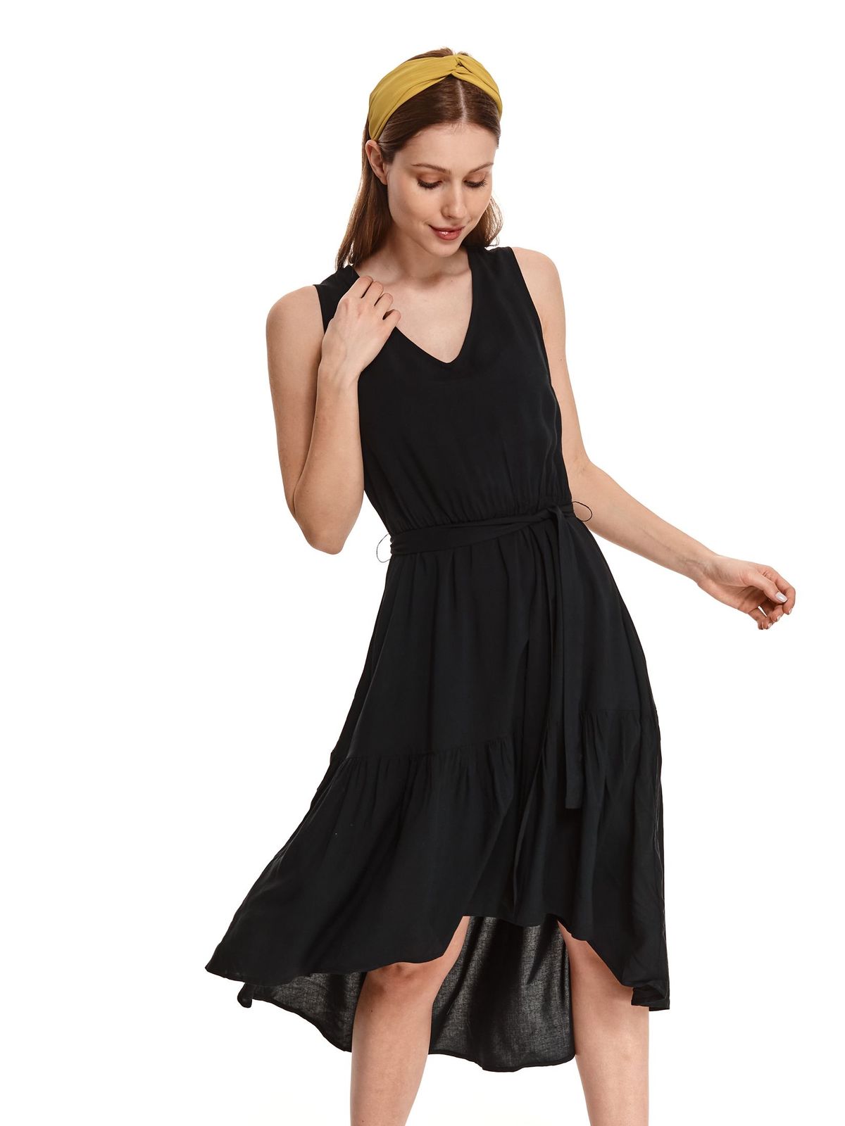 Black dress midi cloche asymmetrical with v-neckline thin fabric