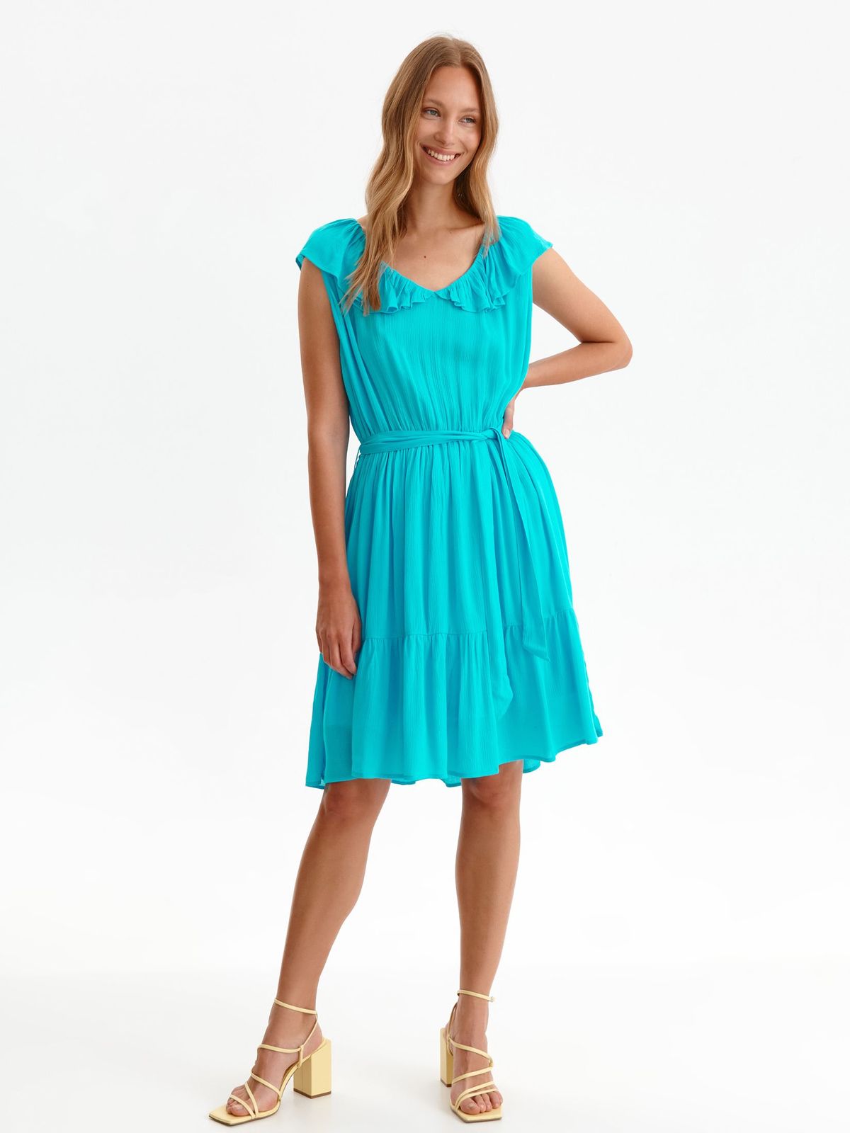 Turquoise dress midi cloche with elastic waist georgette frilly trim around  cleavage line