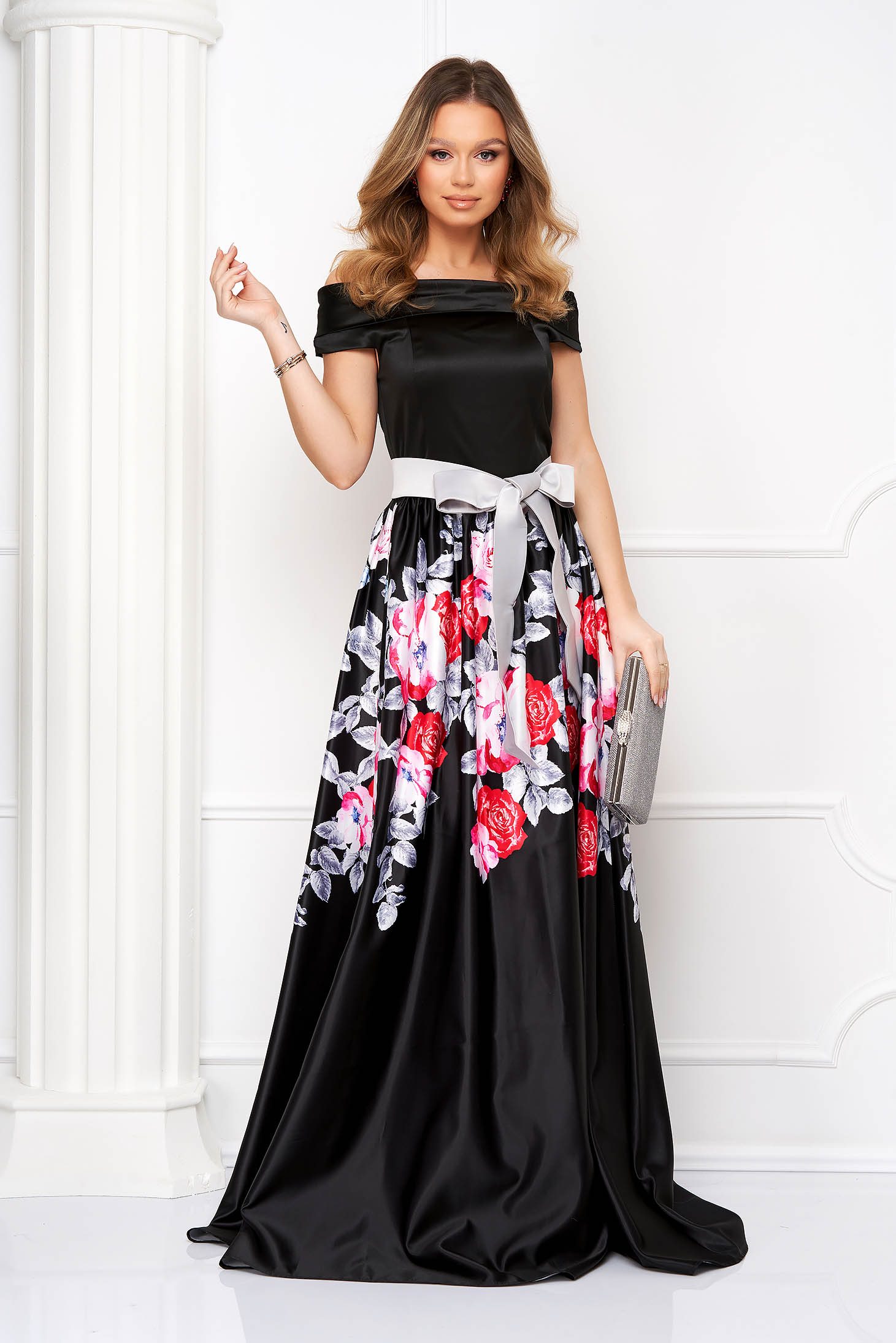 Dress long cloche taffeta with floral print
