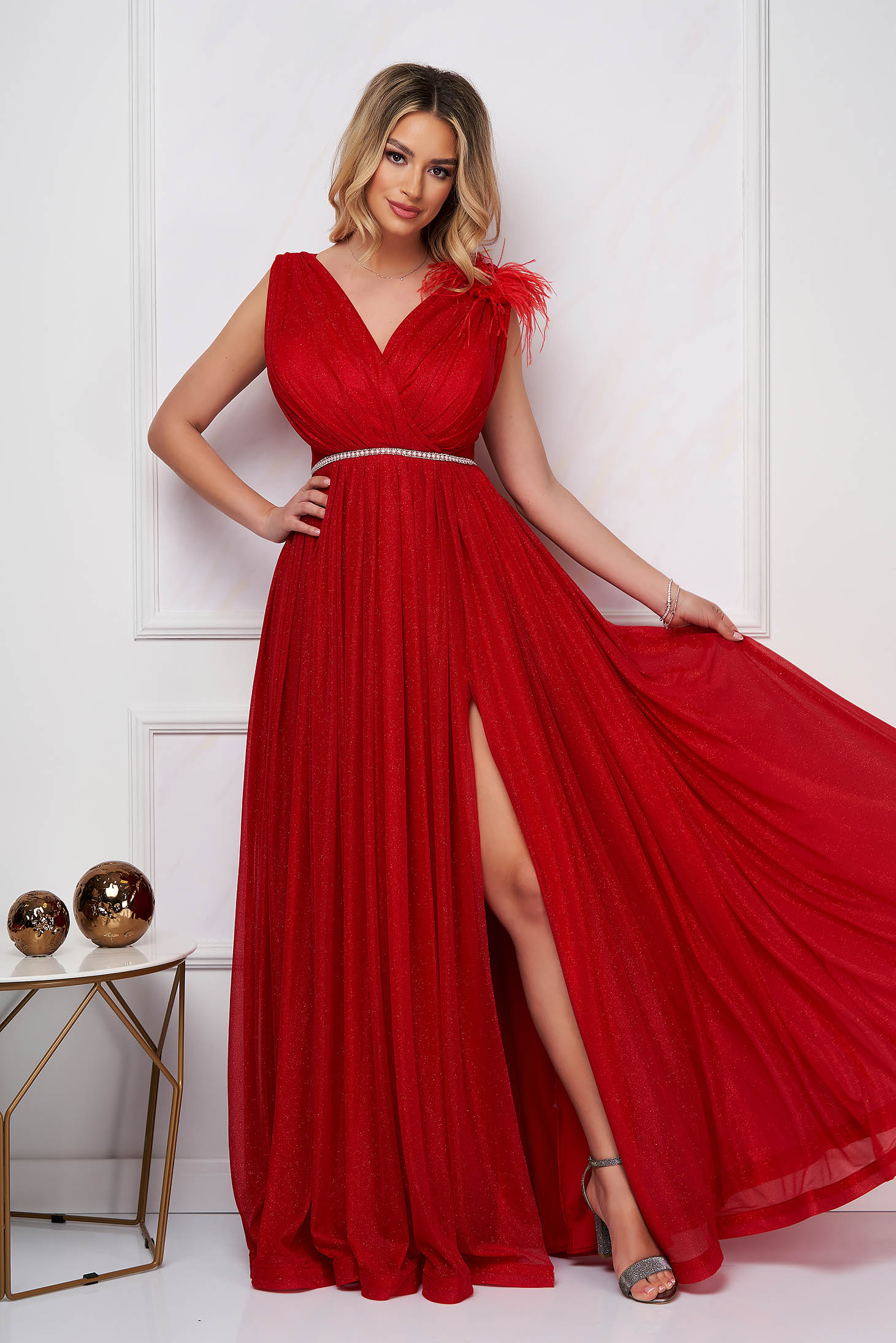 Red dress occasional long cloche from tulle with glitter details with crystal embellished details