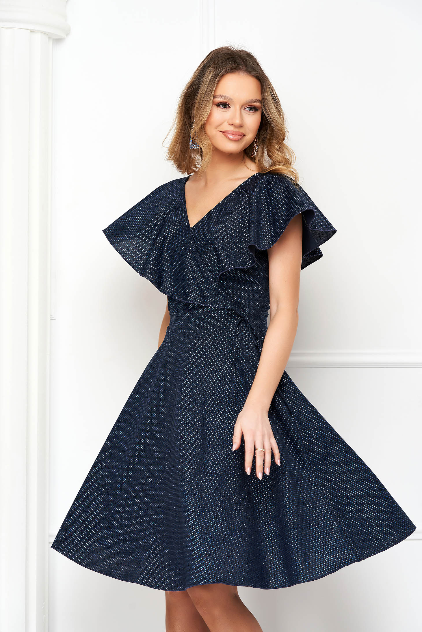 Navy Blue Crepe Knee-Length A-Line Dress with Glitter Applications - StarShinerS