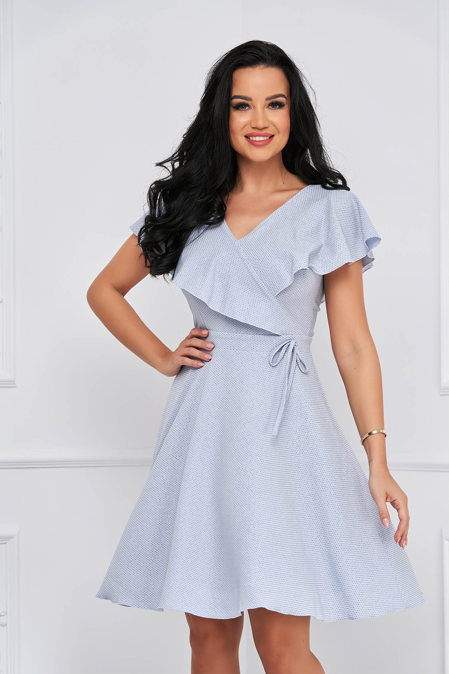 Light Blue Crepe Knee-Length A-Line Dress with Glitter Applications - StarShinerS
