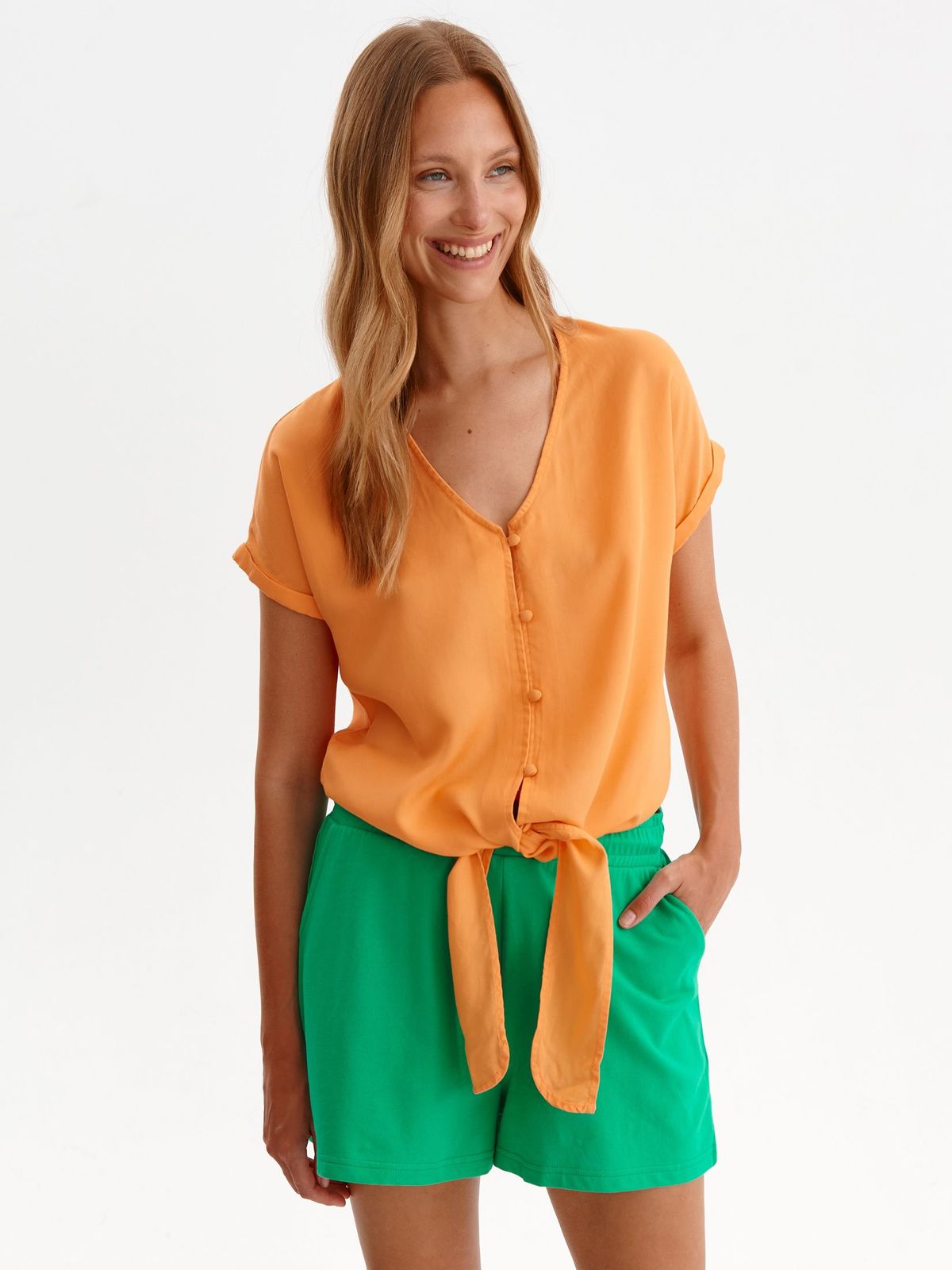 Casual narancssárga bő szabású női ing vékony anyagból v-dekoltázzsal