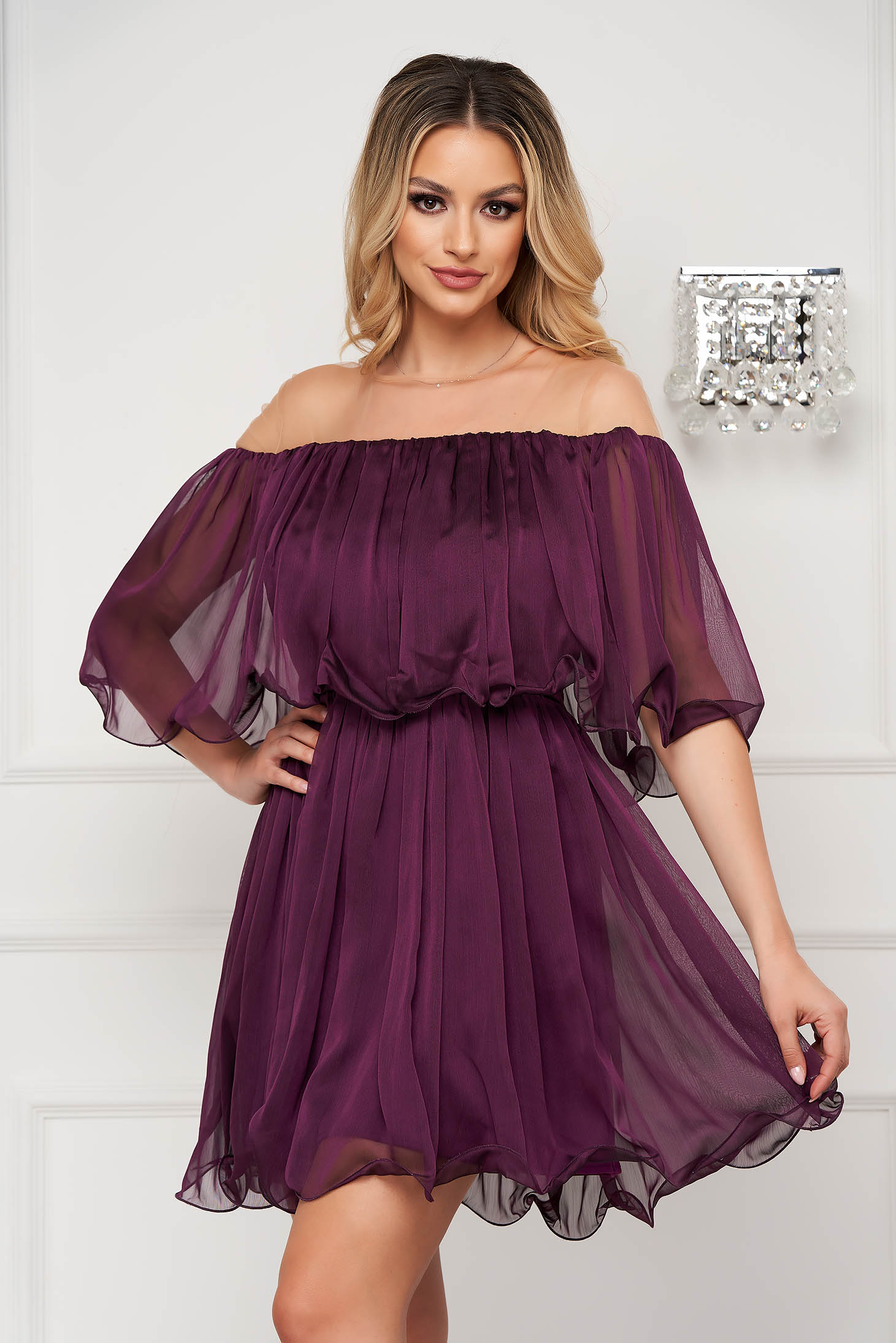 Purple dress short cut cloche off-shoulder thin fabric