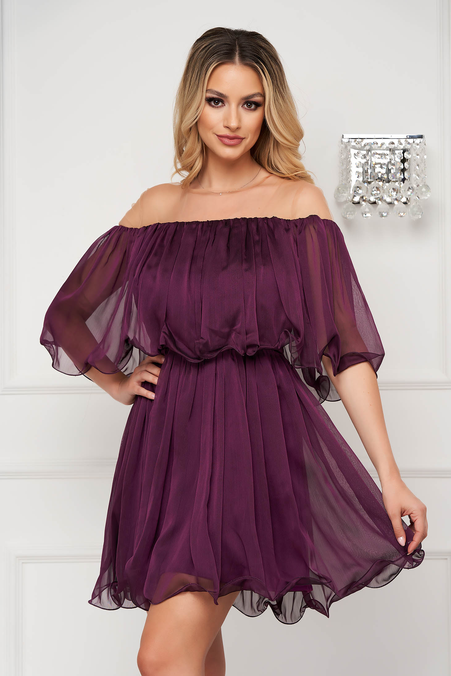 Rochie din material subtire mov scurta in clos cu umeri goi - Artista