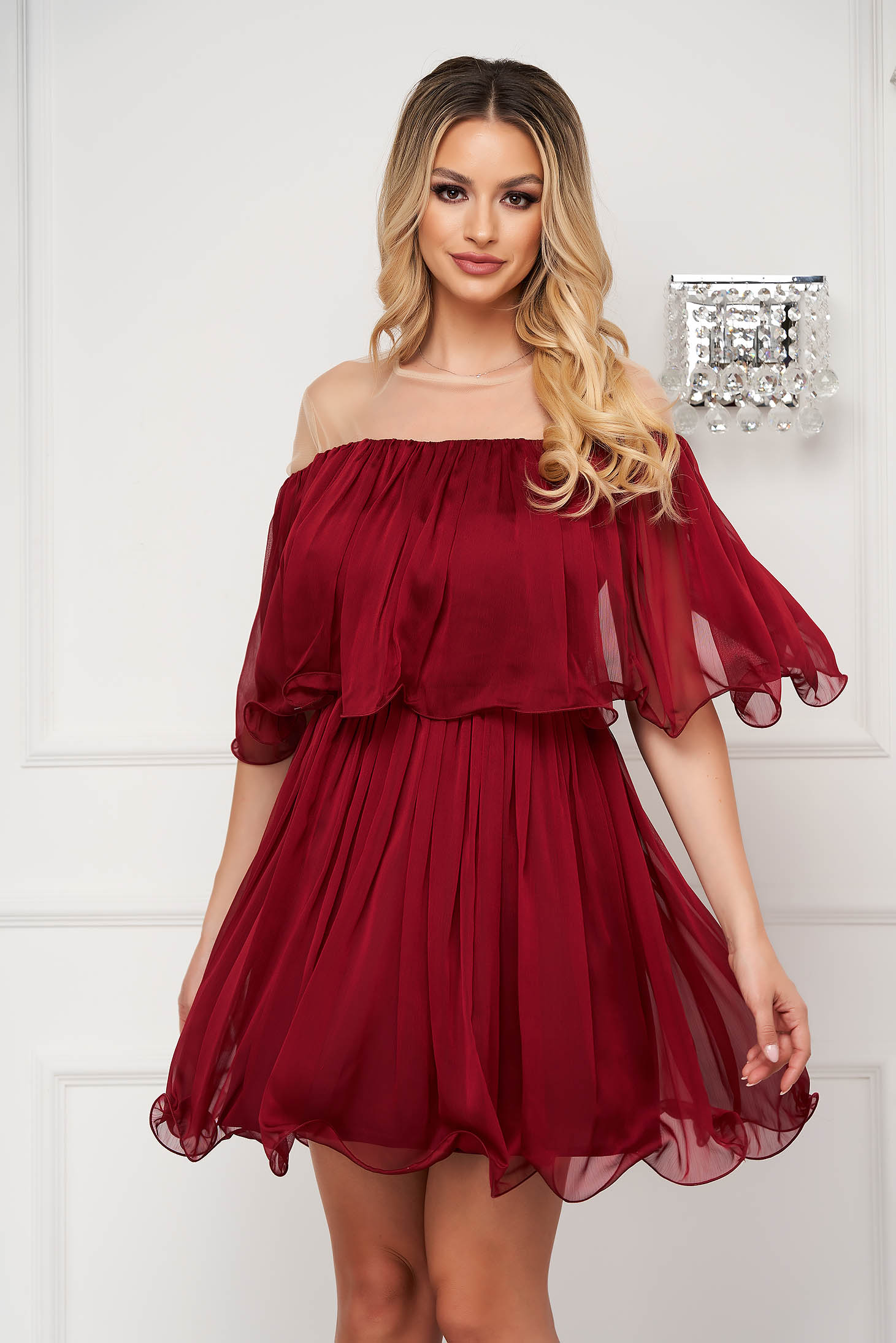 Short cherry-colored dress made of thin material in a flared style with bare shoulders - Artista