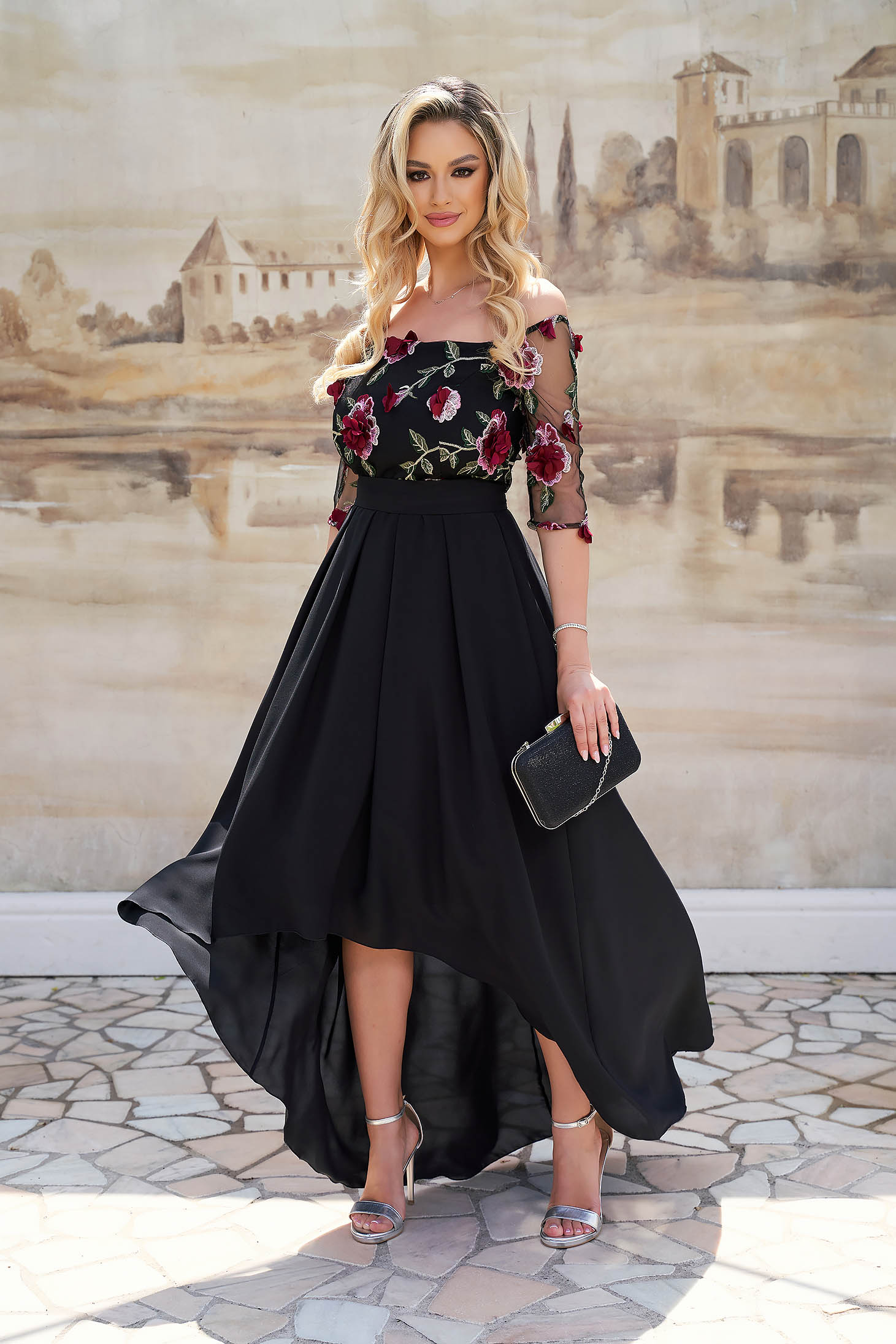 Asymmetric Chiffon and Lace Dress with Embossed Flowers - StarShinerS 1 - StarShinerS.com