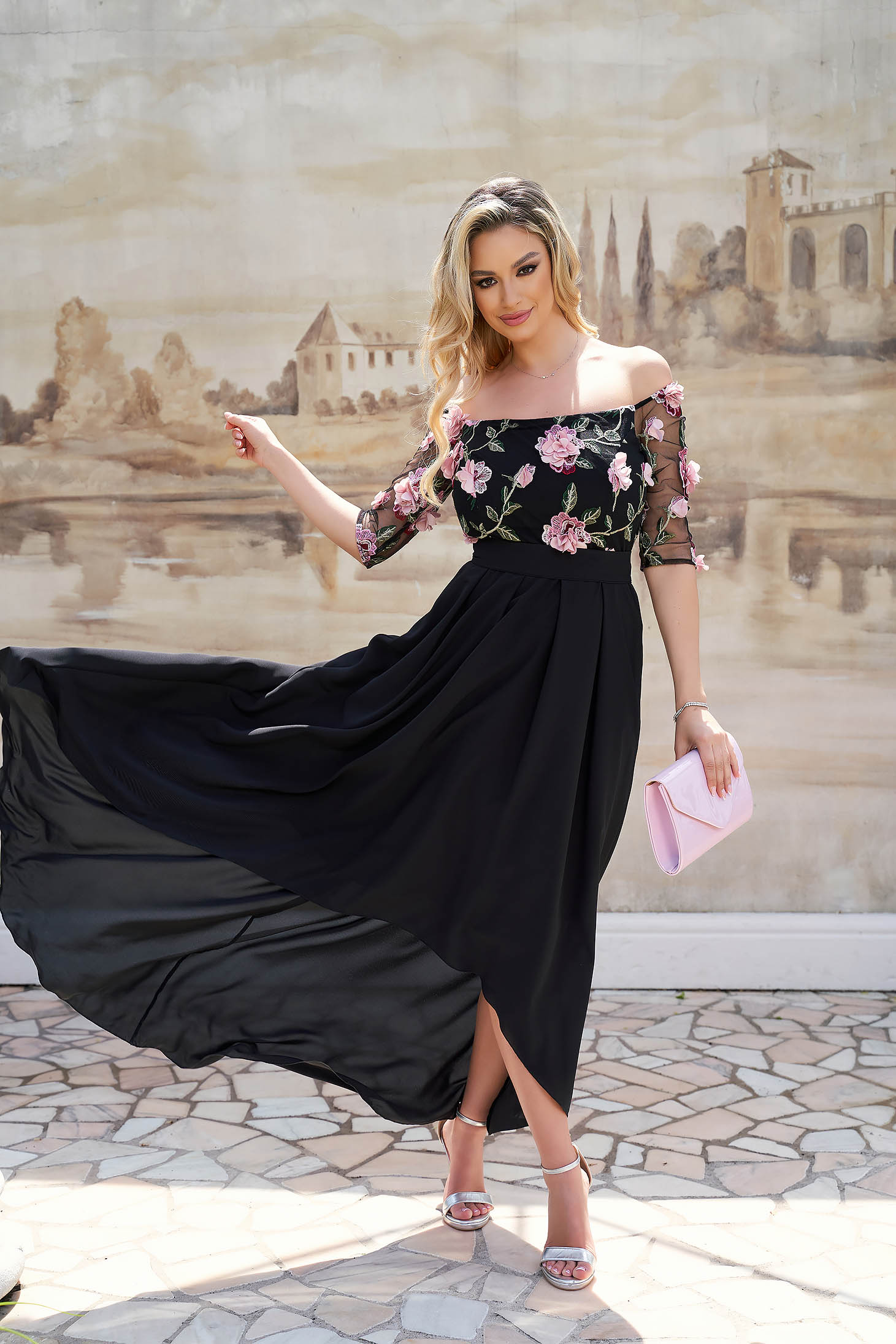 Asymmetric Chiffon and Lace Dress with Raised Flowers - StarShinerS 1 - StarShinerS.com