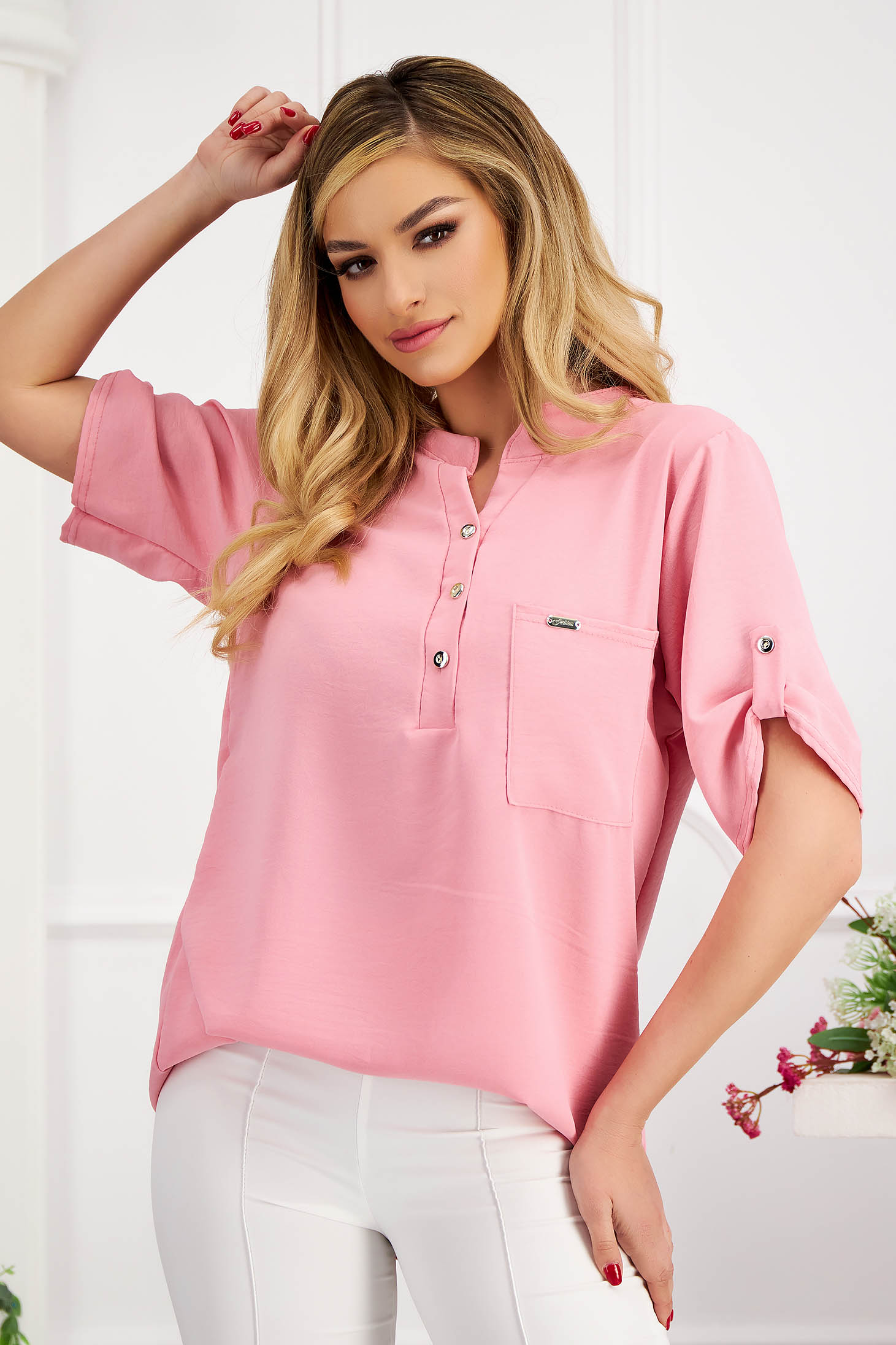 Bluza dama din voal cu aspect creponat roz cu croi larg - Lady Pandora