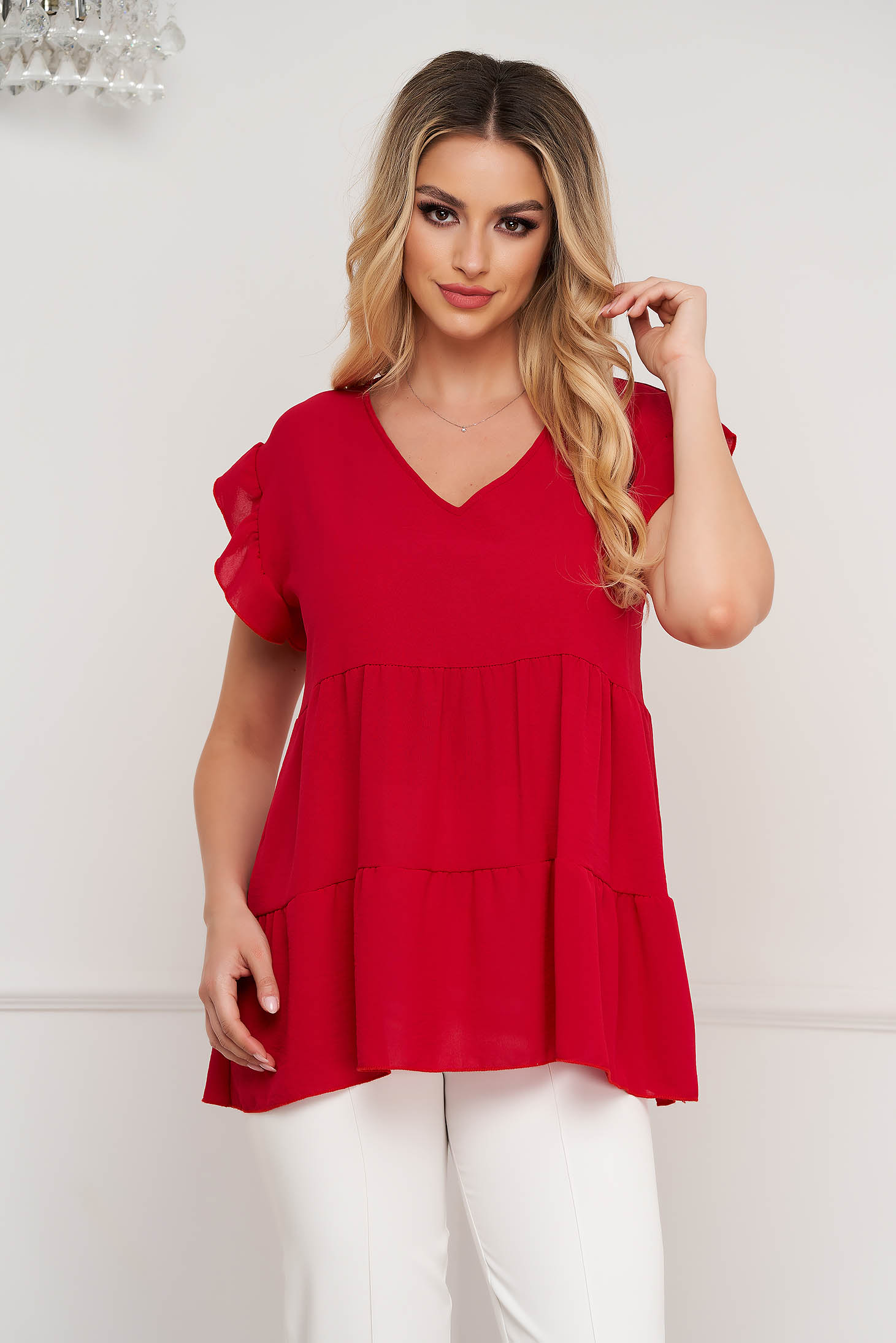 Lightred women`s blouse loose fit georgette with ruffle details