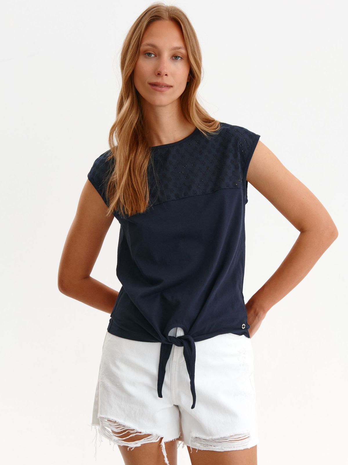 Bluza dama Top Secret albastru-inchis casual cu croi larg din bumbac cu broderie in fata