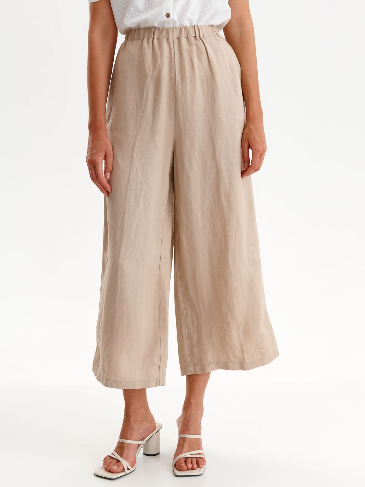 Pantaloni din in crem cu un croi evazat si elastic in talie - Top Secret
