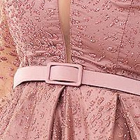Rochie de ocazie roz prafuit midi in clos din tul cu aplicatii cu sclipici si rijelina