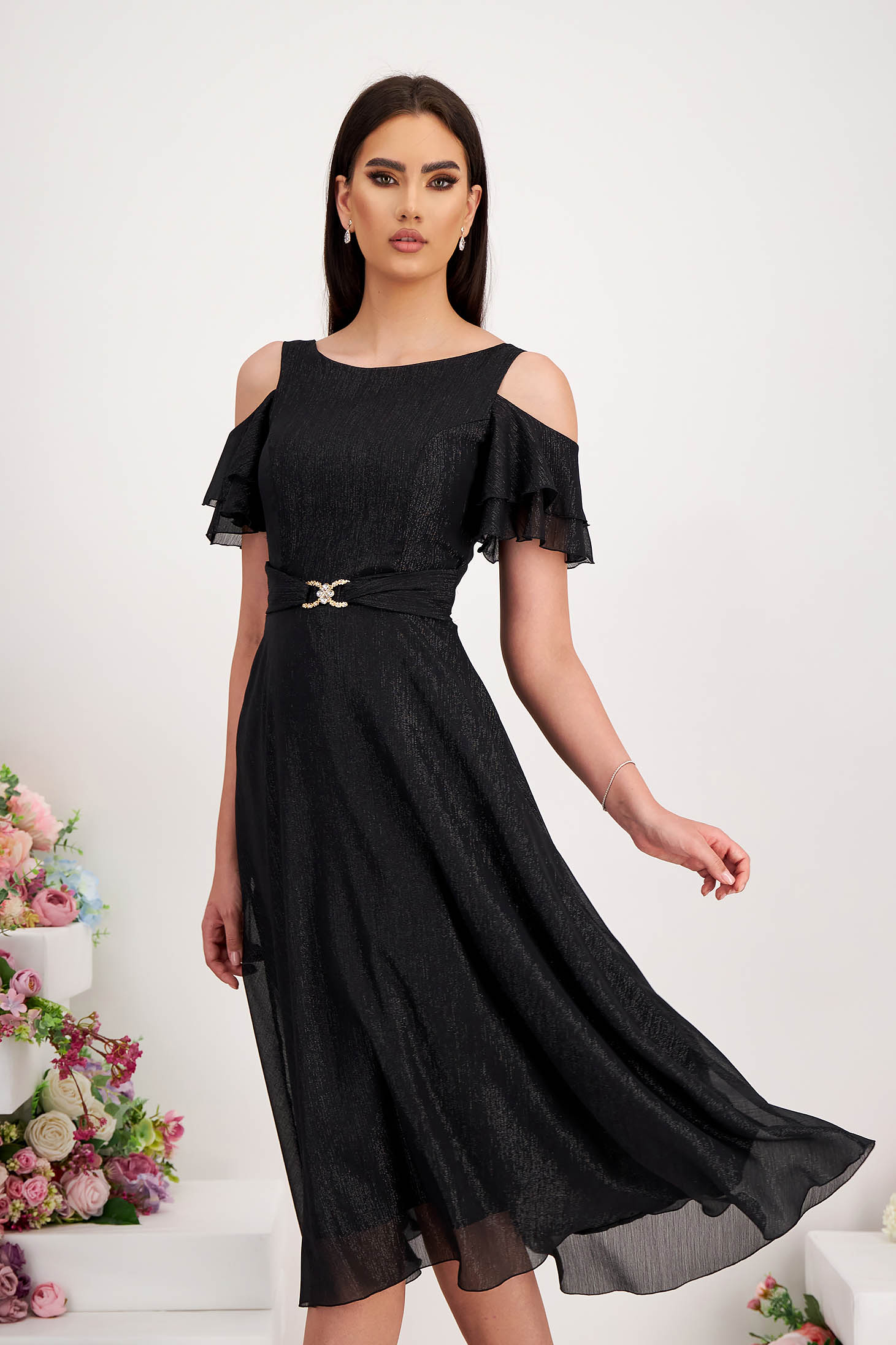 Fekete muszlin midi harang ruha csillogó díszítésekkel - StarShinerS