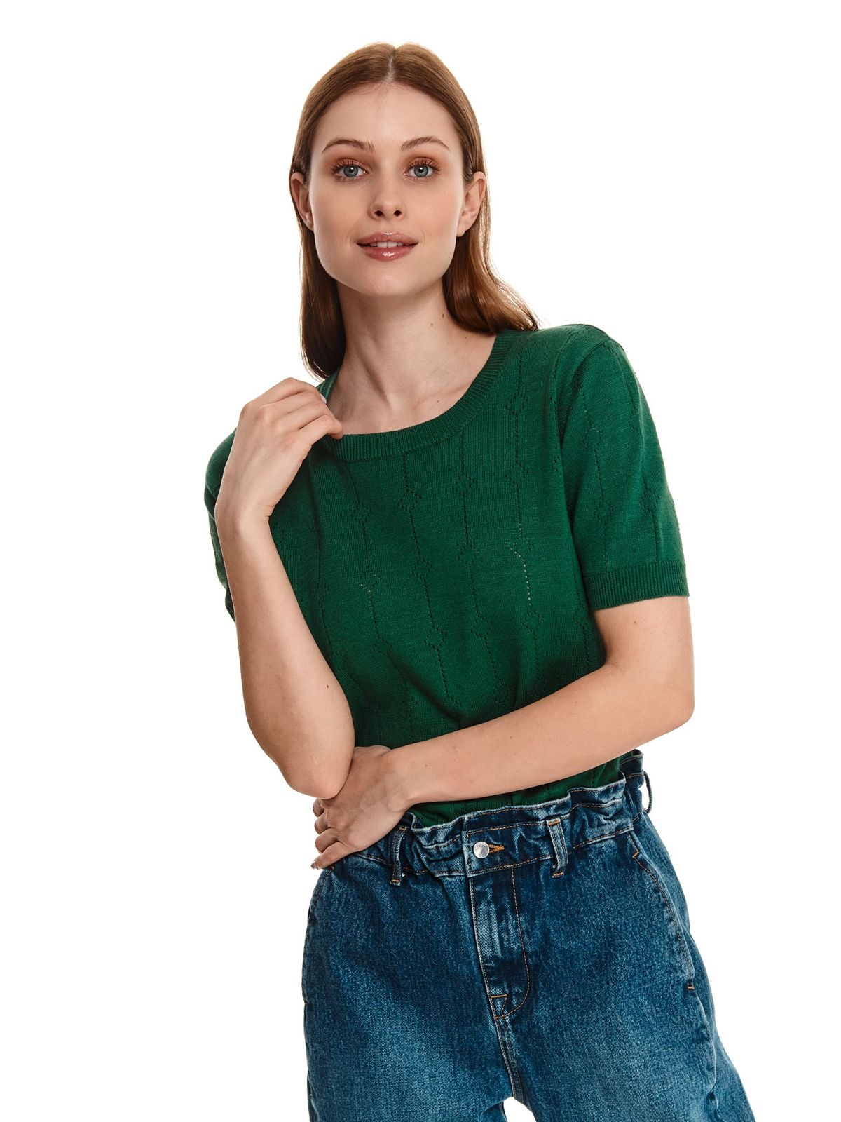 Green sweater knitted short sleeves loose fit