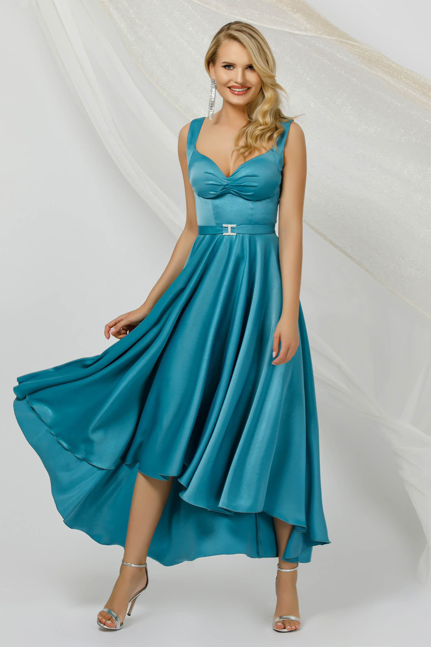 Turquoise dress from satin with glitter details cloche asymmetrical