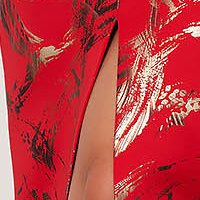 Piros alkalmi midi ceruza ruha elöl felsliccelt absztrakt mintával