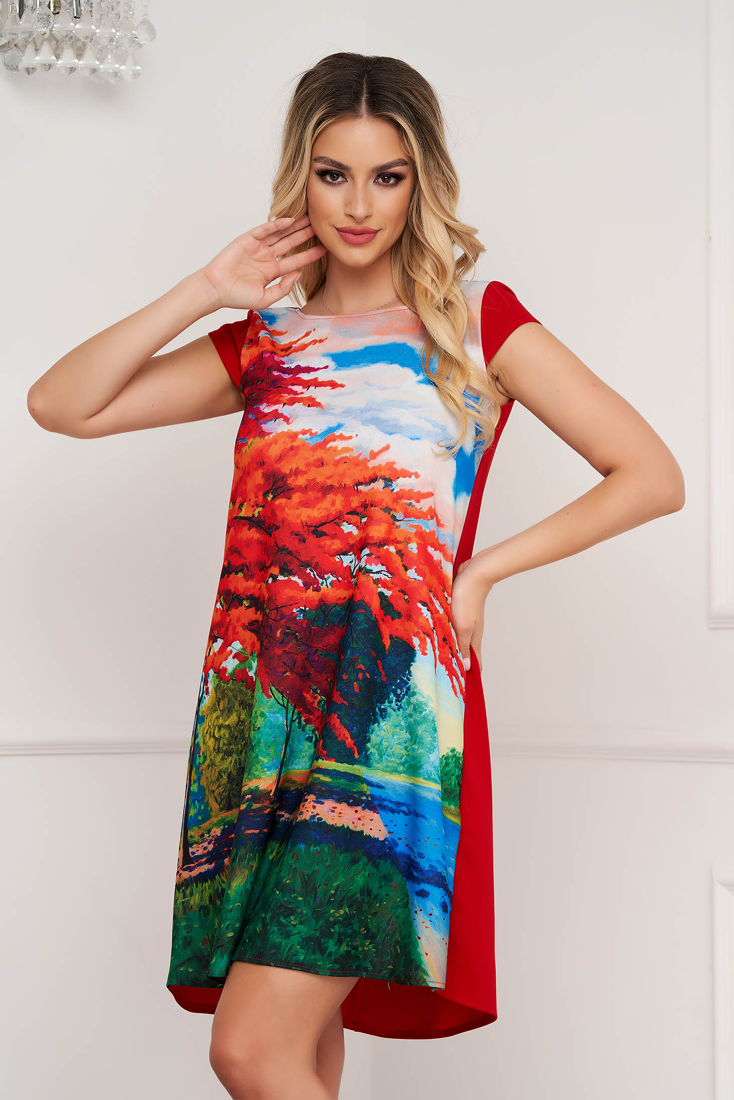 Crep Dress with Wide Cut and Digital Abstract Print - StarShinerS 1 - StarShinerS.com