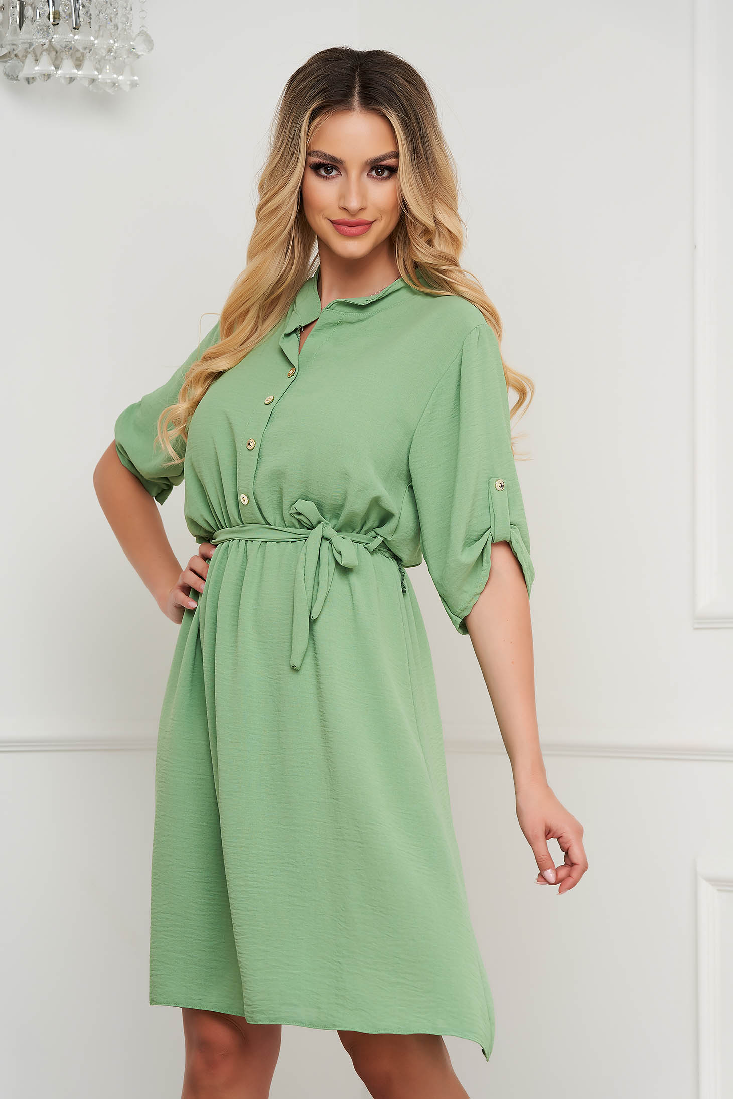 Lightgreen dress georgette short cut cloche with elastic waist accessorized with tied waistband