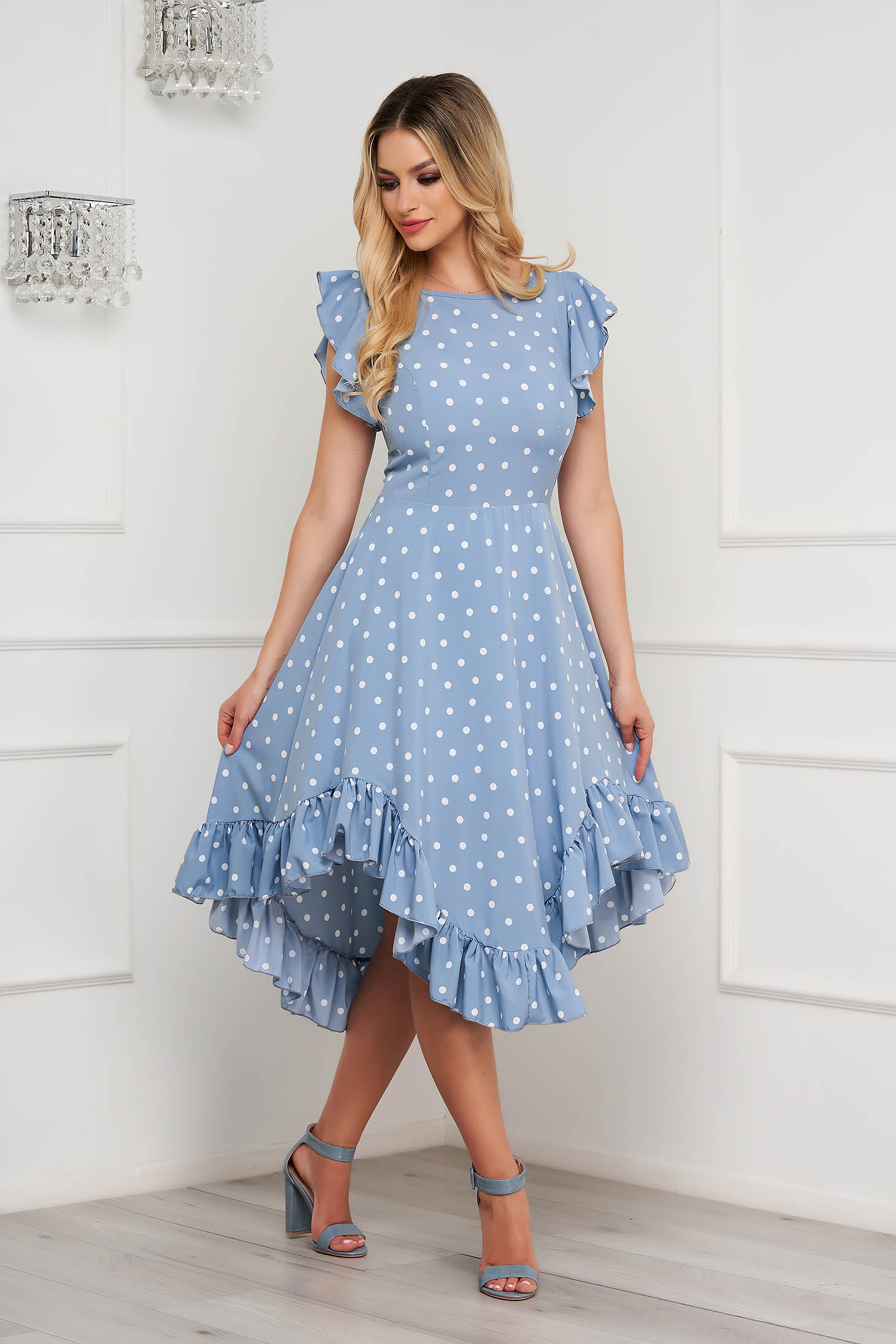 - StarShinerS dress midi cloche with ruffle details asymmetrical georgette