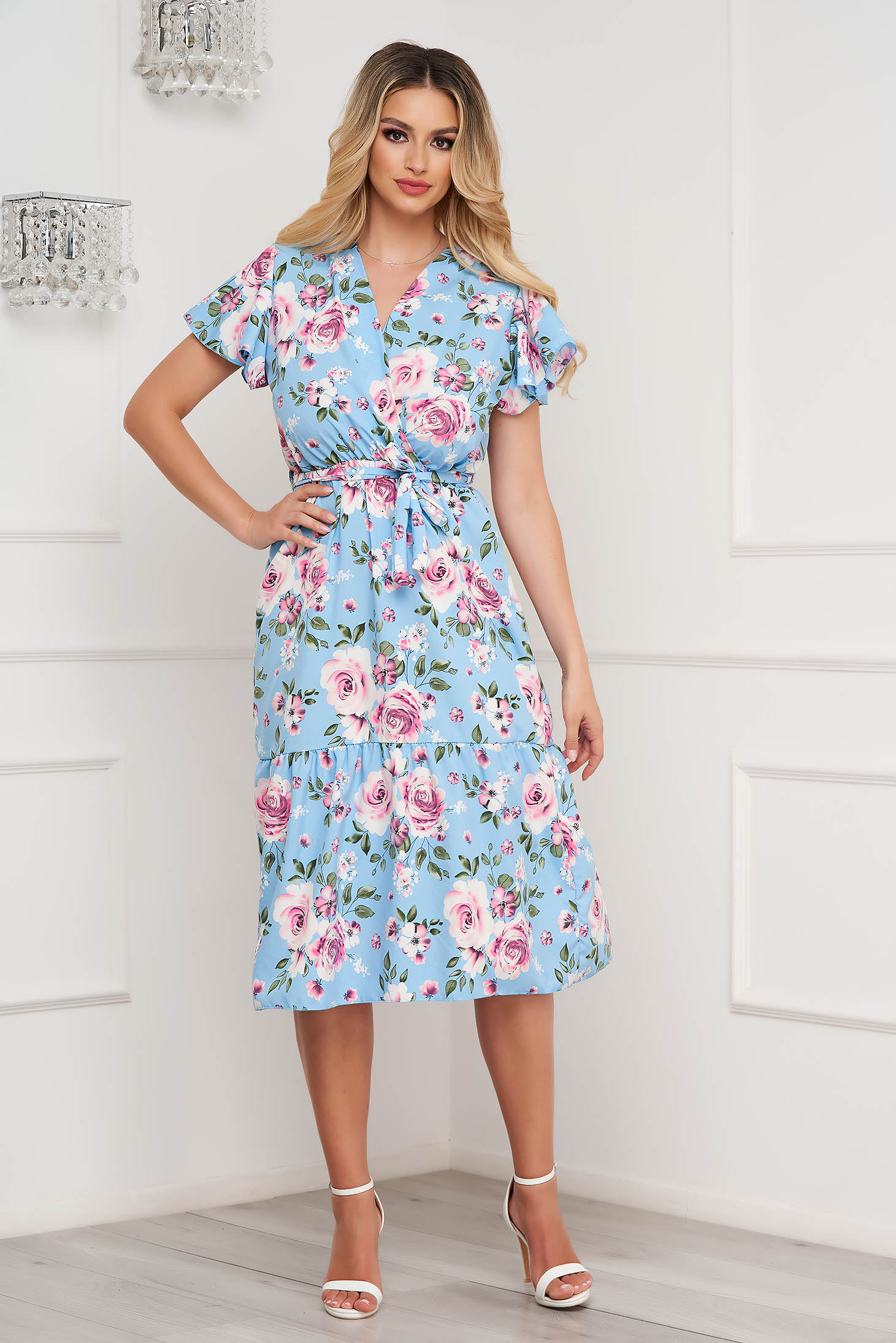 Rochie din georgette midi in clos cu elastic in talie cu imprimeu floral - Lady Pandora