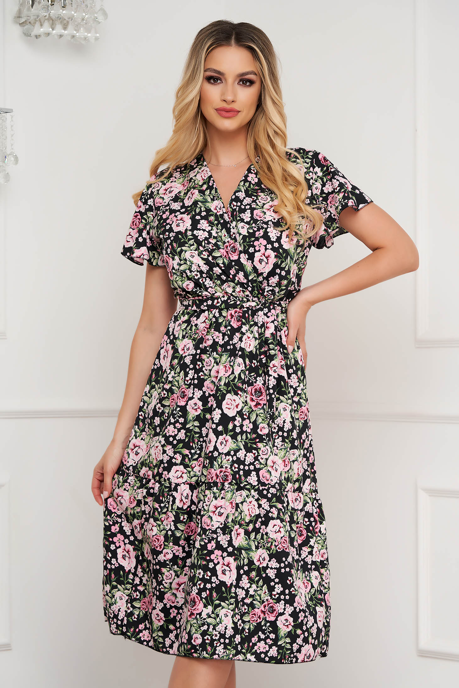 Dress georgette cloche with elastic waist with floral print midi