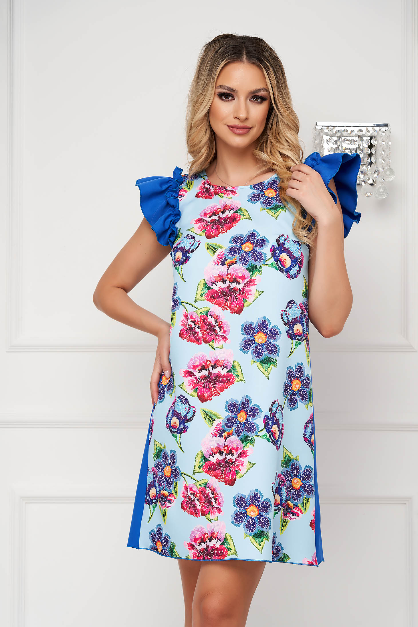 Short fabric dress with A-line cut and digital floral print - StarShinerS 1 - StarShinerS.com