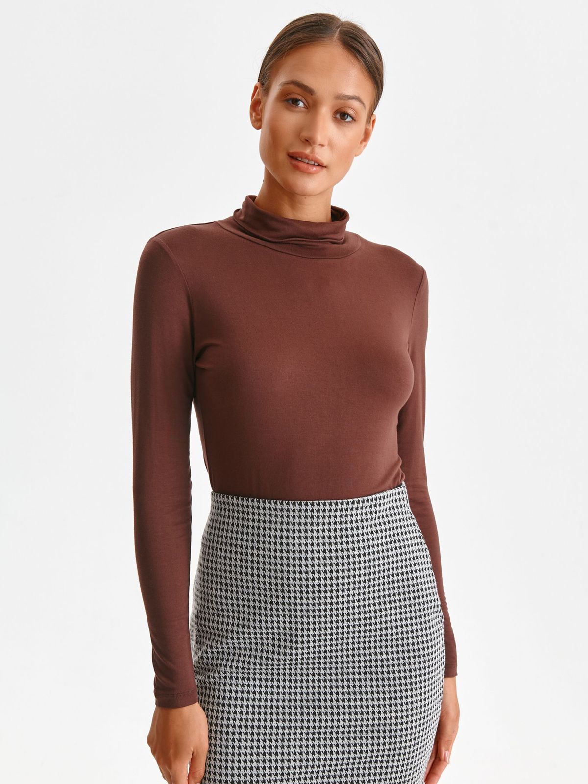 Brown sweater turtleneck from elastic fabric