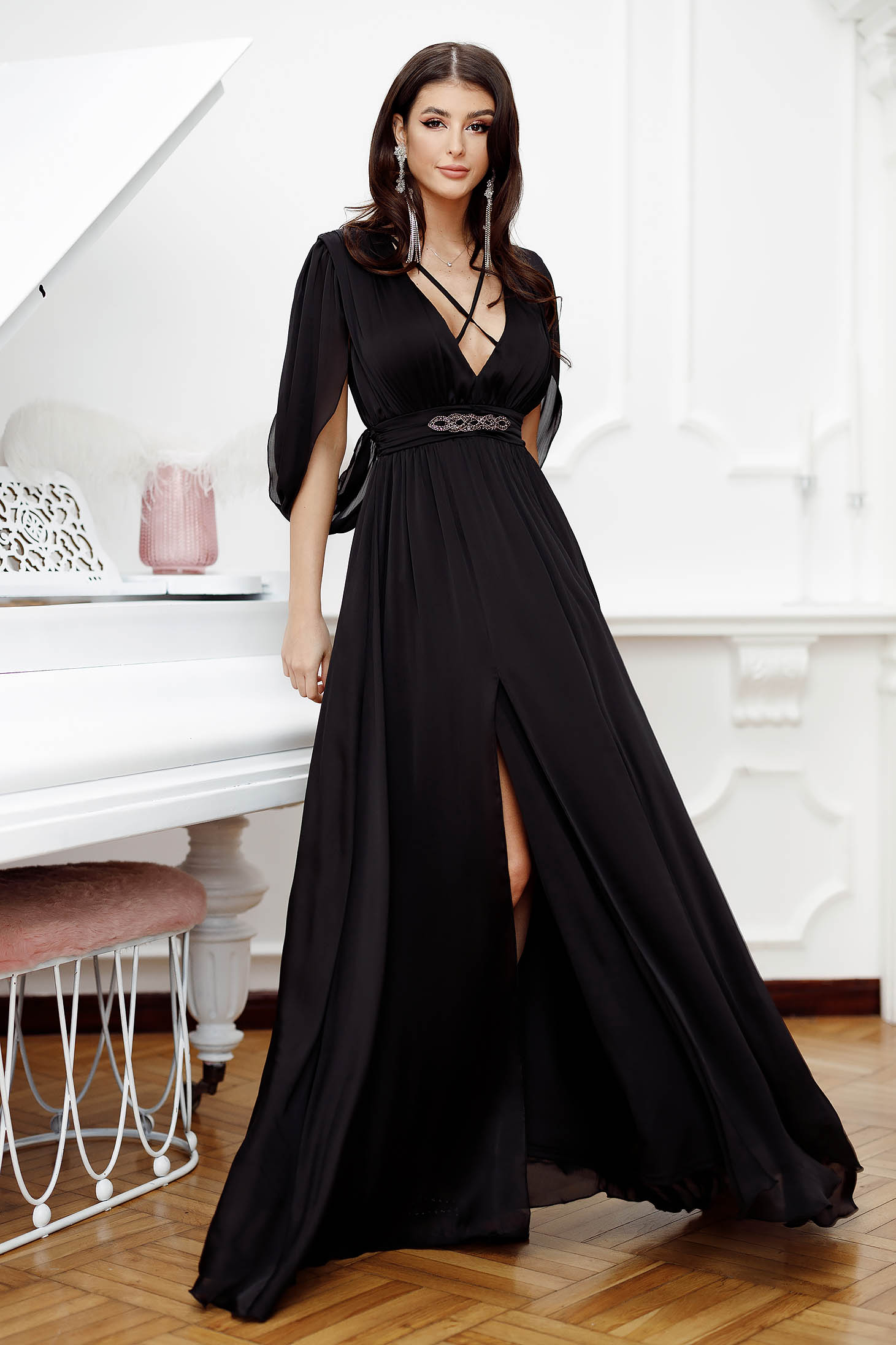 Black dress from veil fabric wrinkled texture long cloche slit