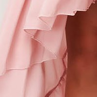 Púder rózsaszínű StarShinerS hétköznapi midi aszimetrikus ruha muszlinból v-dekoltázzsal fodrokkal a dekoltázs vonalánál