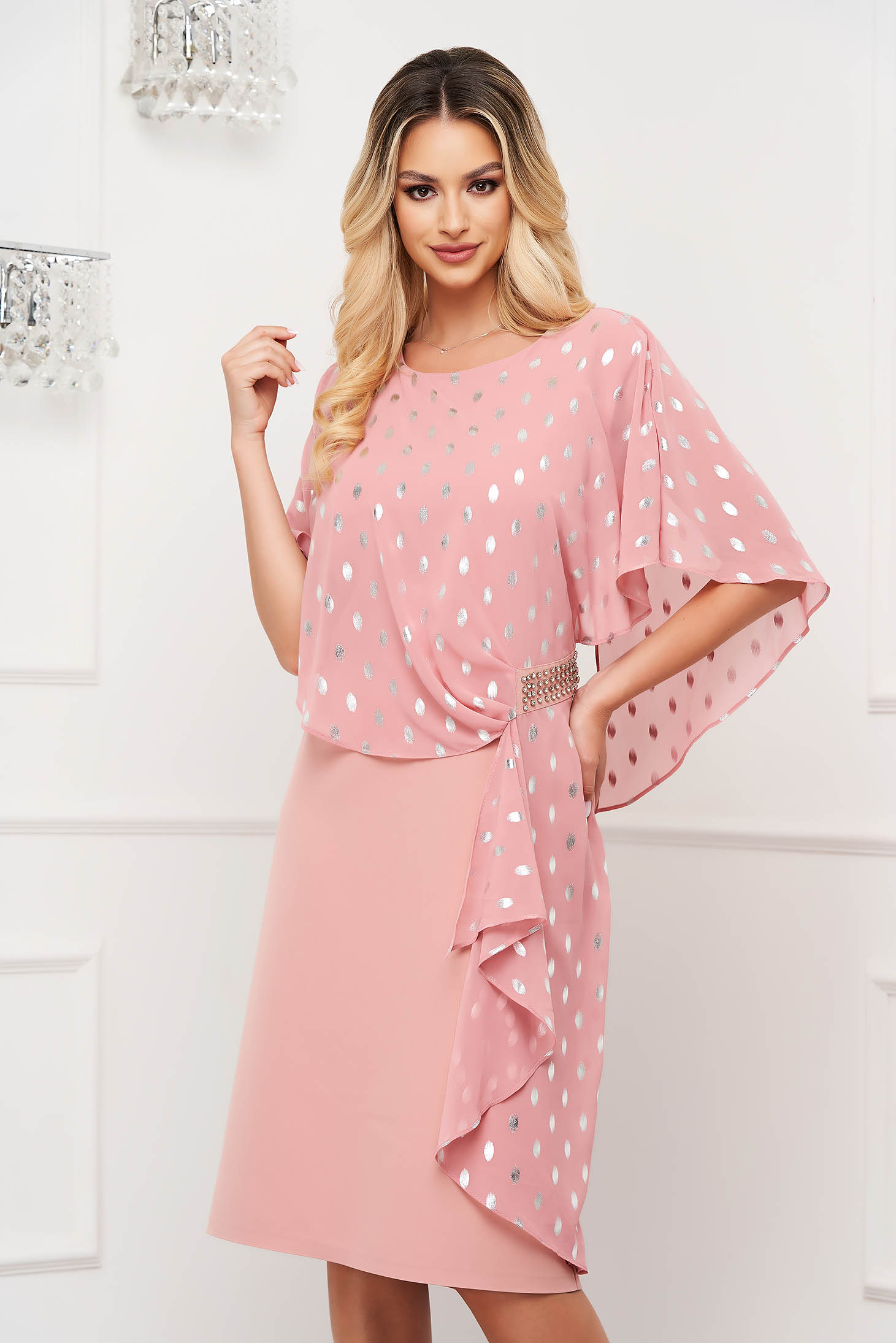 Lightpink dress elastic cloth midi straight voile overlay
