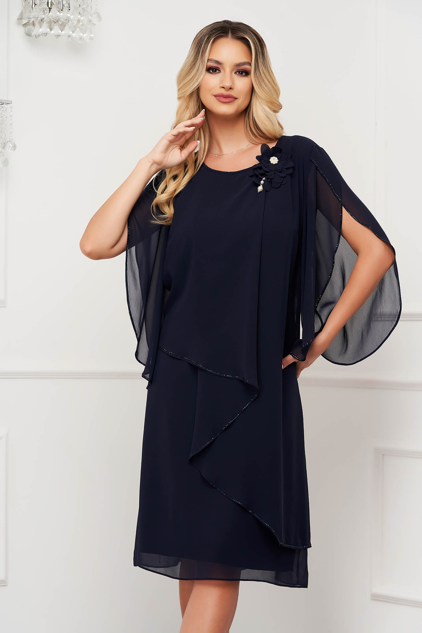 Darkblue dress from veil fabric midi loose fit accessorized with breastpin