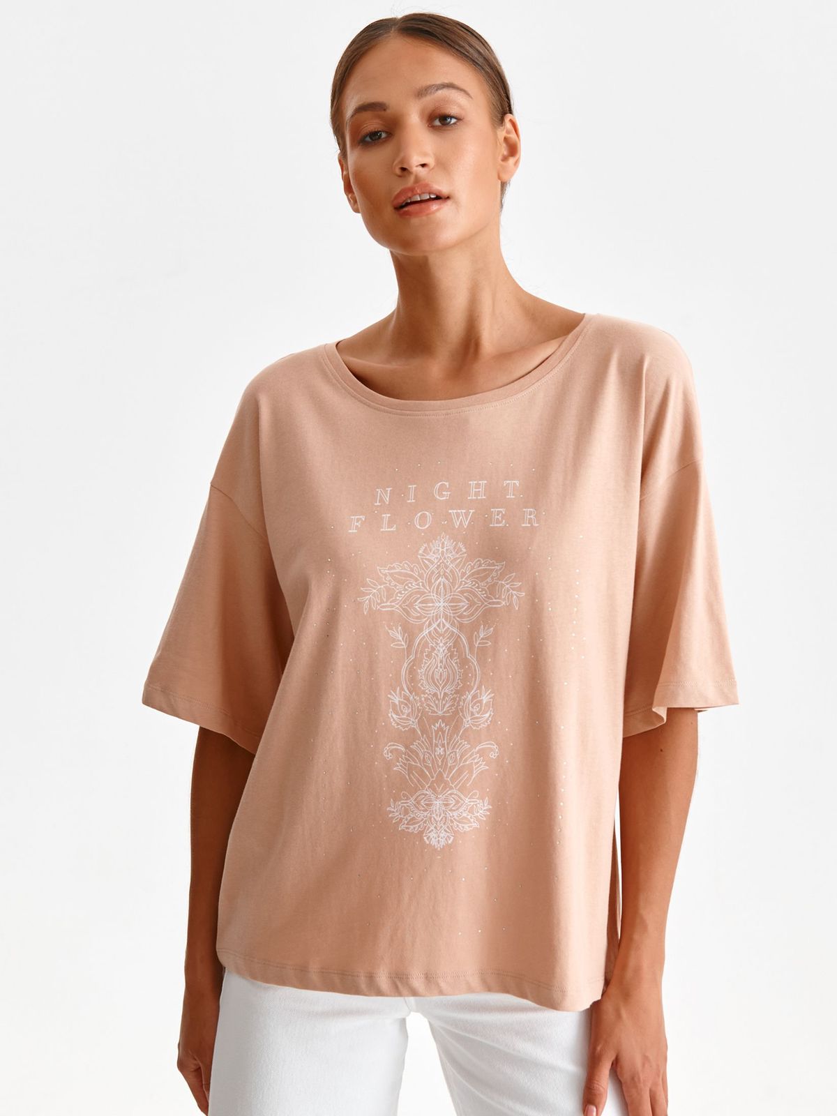 Tricou din bumbac piersica cu croi larg si imprimeu abstract - Top Secret