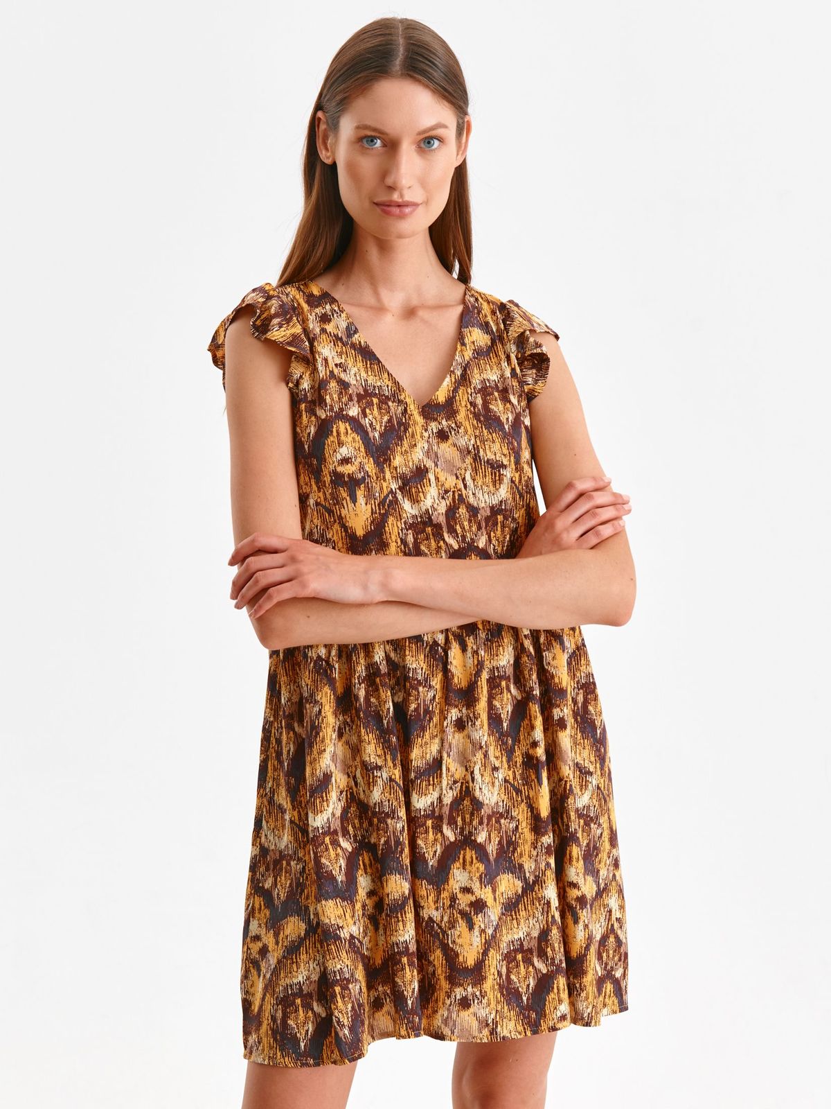 Rochie din material subtire maro scurta cu croi larg si imprimeu abstract - Top Secret