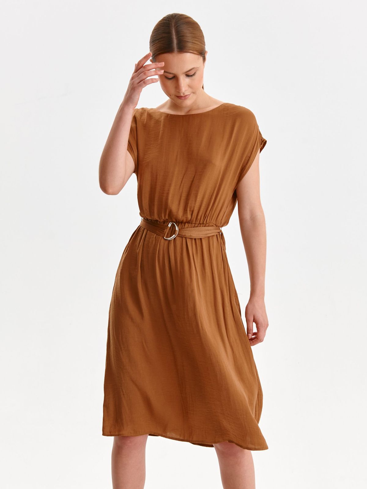 Brown dress thin fabric midi cloche with elastic waist
