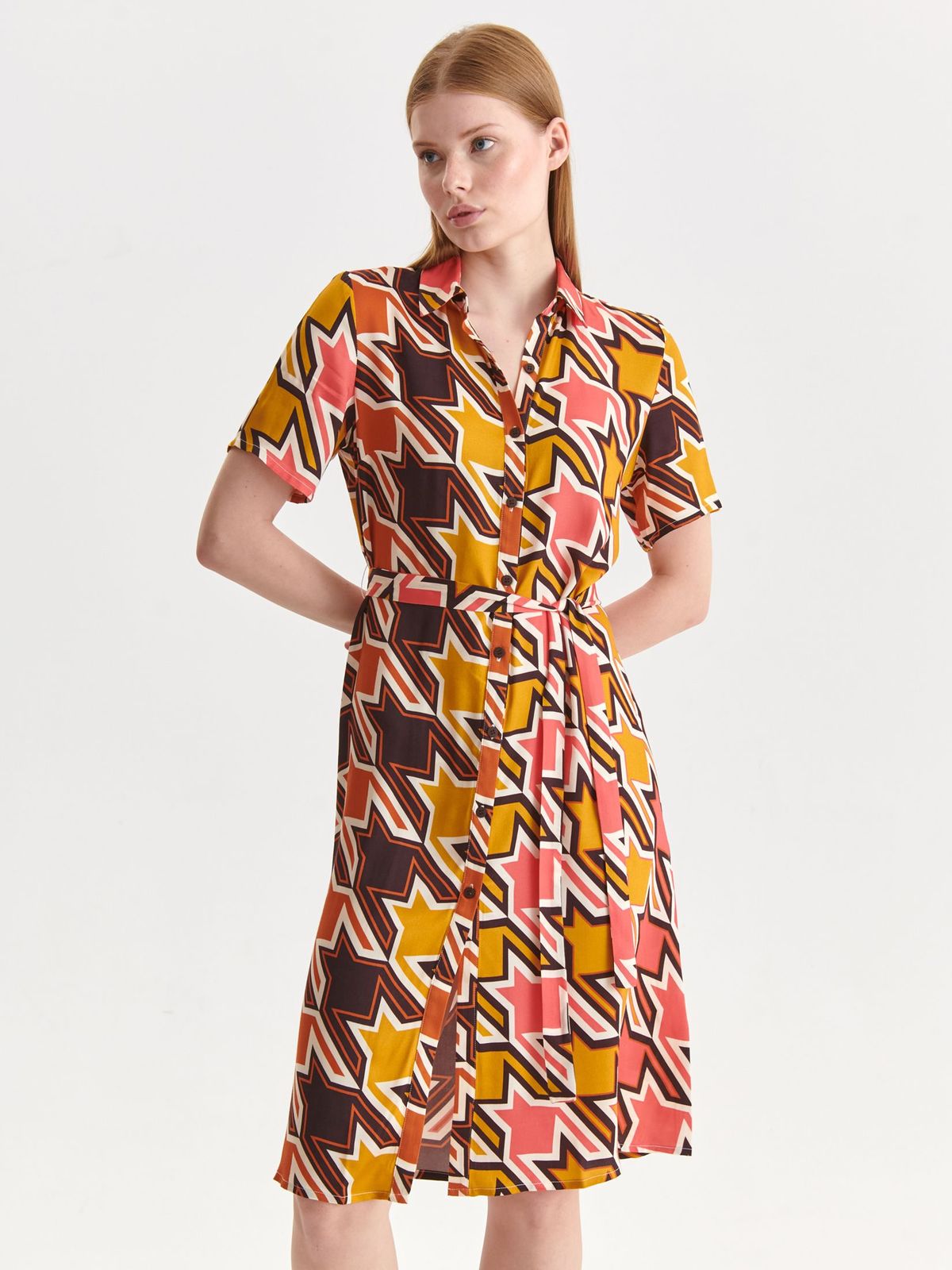 Dress thin fabric shirt dress accessorized with tied waistband abstract