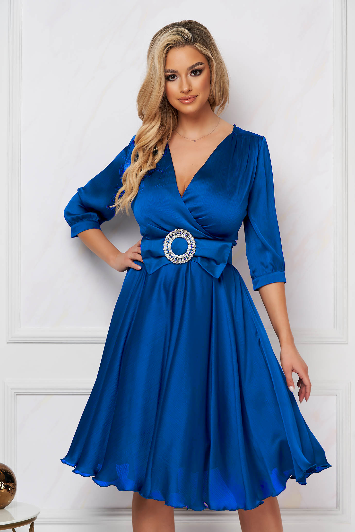Blue Satin Midi A-Line Dress with Crossover Neckline - PrettyGirl 1 - StarShinerS.com