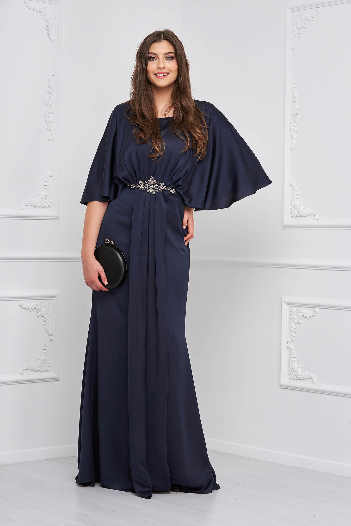 Rochie din voal stralucitor bleumarin lunga tip sirena