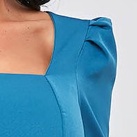 Turquoise Elastic Fabric Midi Pencil Dress with Voluminous Shoulders and Ruffle at the Base - StarShinerS