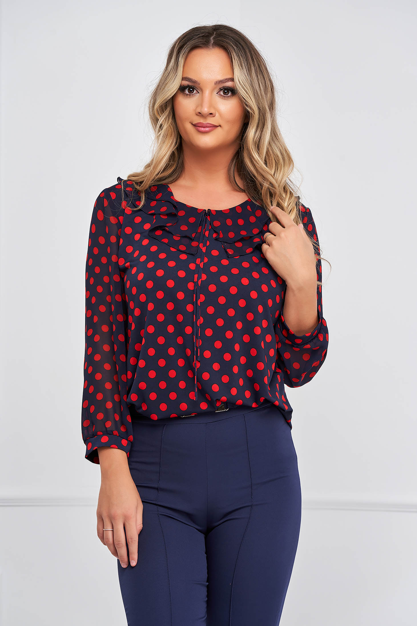 Women`s blouse lycra loose fit with veil sleeves frilly trim around cleavage line