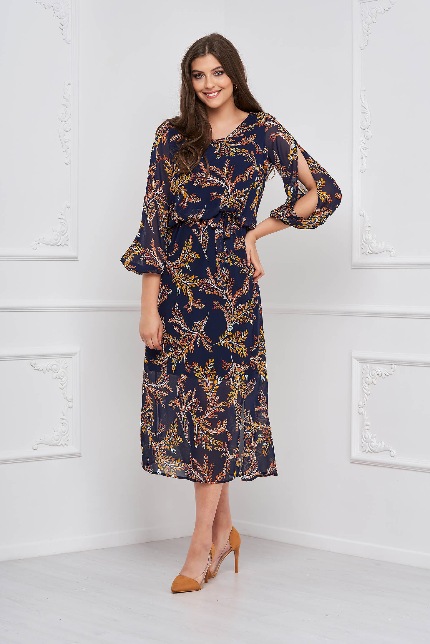 Dress midi cloche with elastic waist from veil fabric accessorized with tied waistband