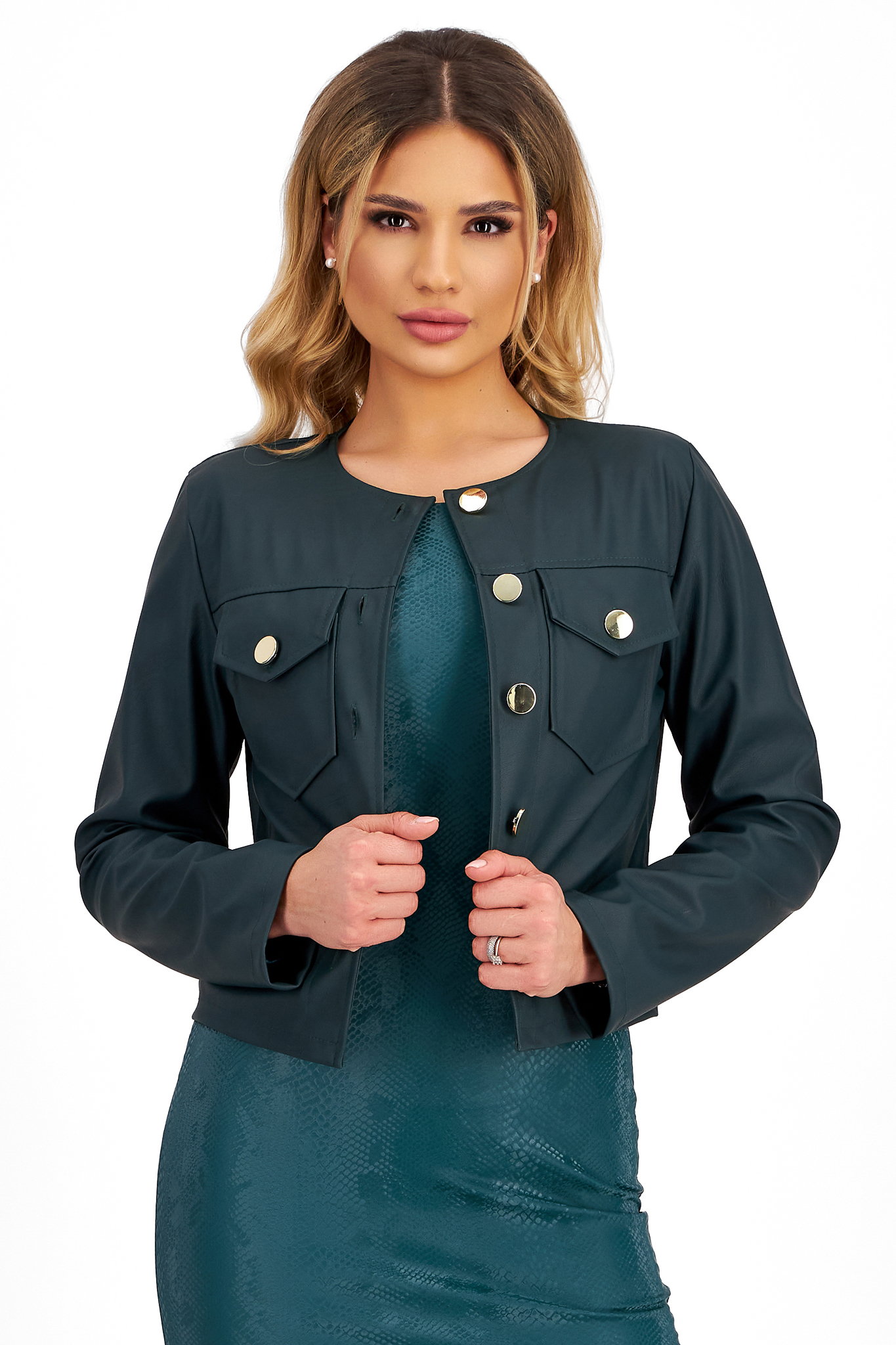 Green Fitted Faux Leather Jacket with Metallic Buttons SunShine