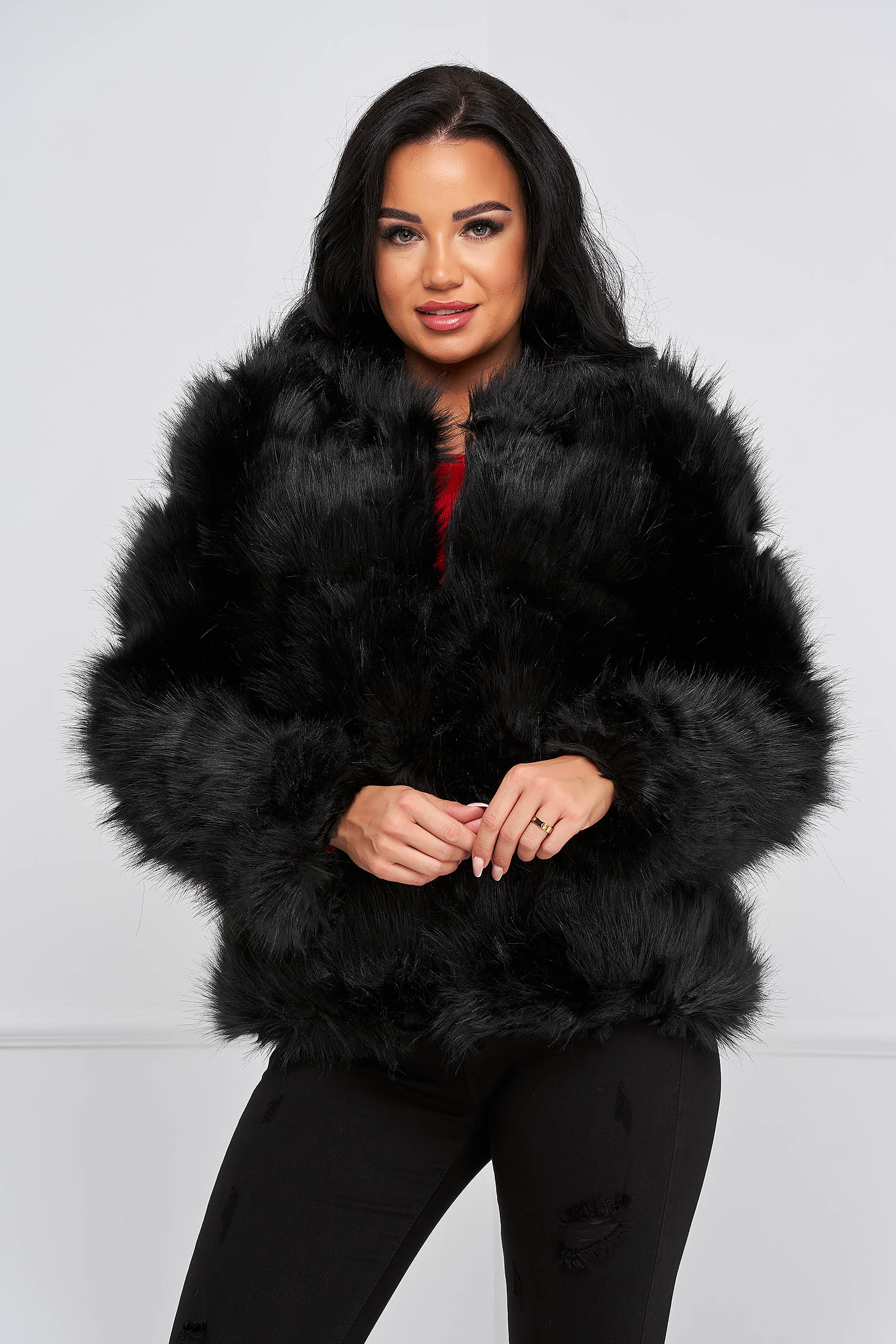 Black fur loose fit from ecological fur with pockets