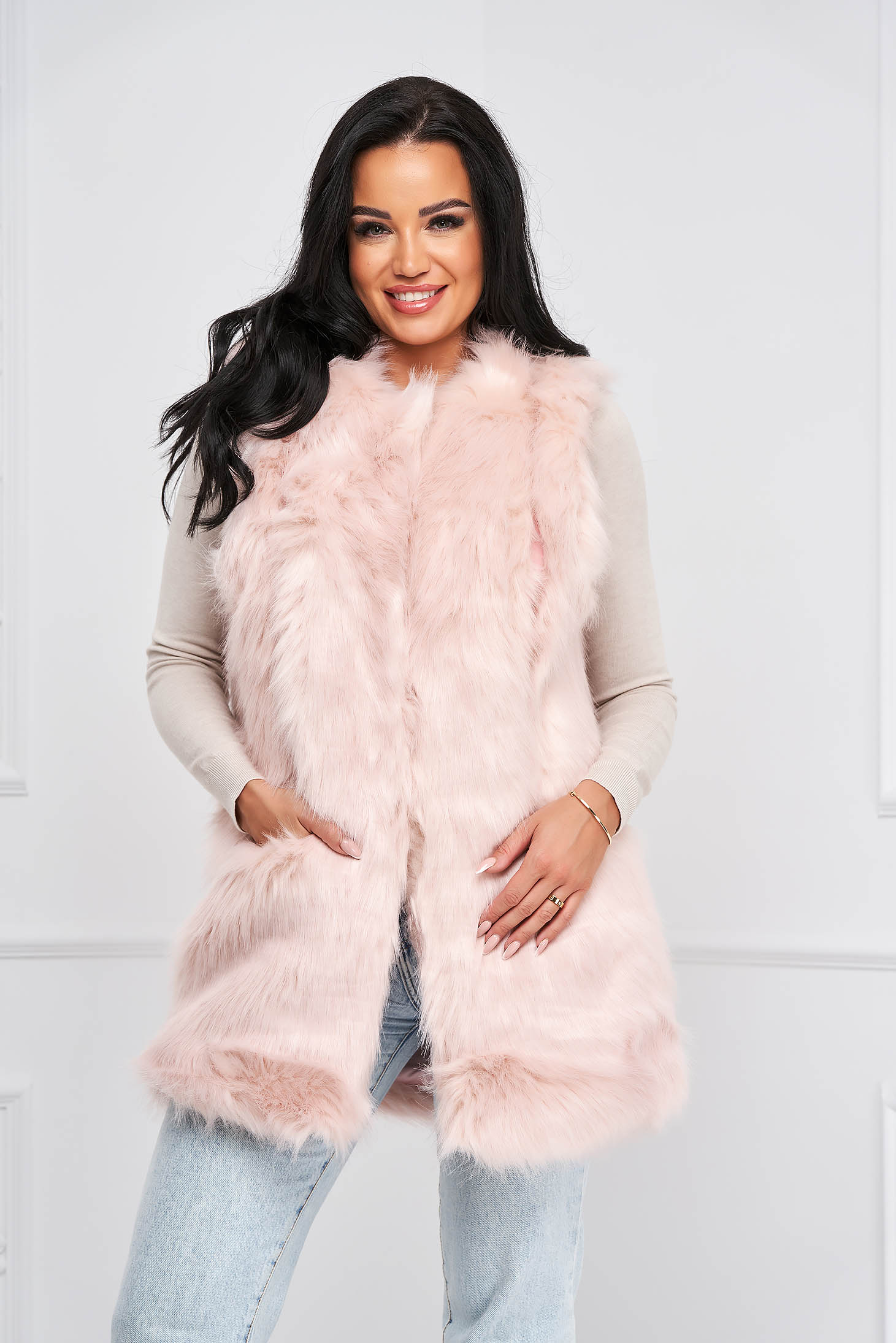 Pink gilet from ecological fur front closing with faux leather details